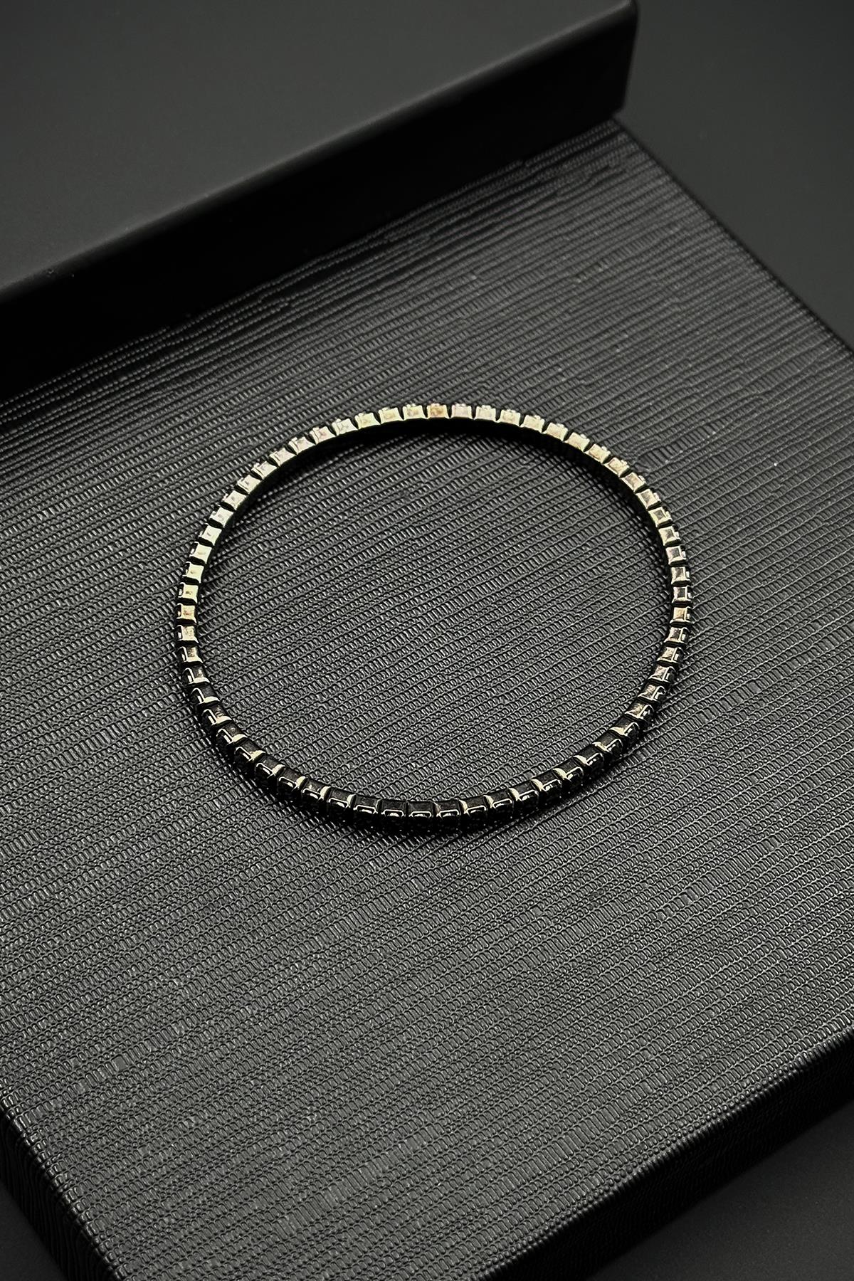 FRNCH 925 Ayar Gümüş Zirkon Taşlı Siyah Renk Erkek Bileklik FRJ12520-3520-S