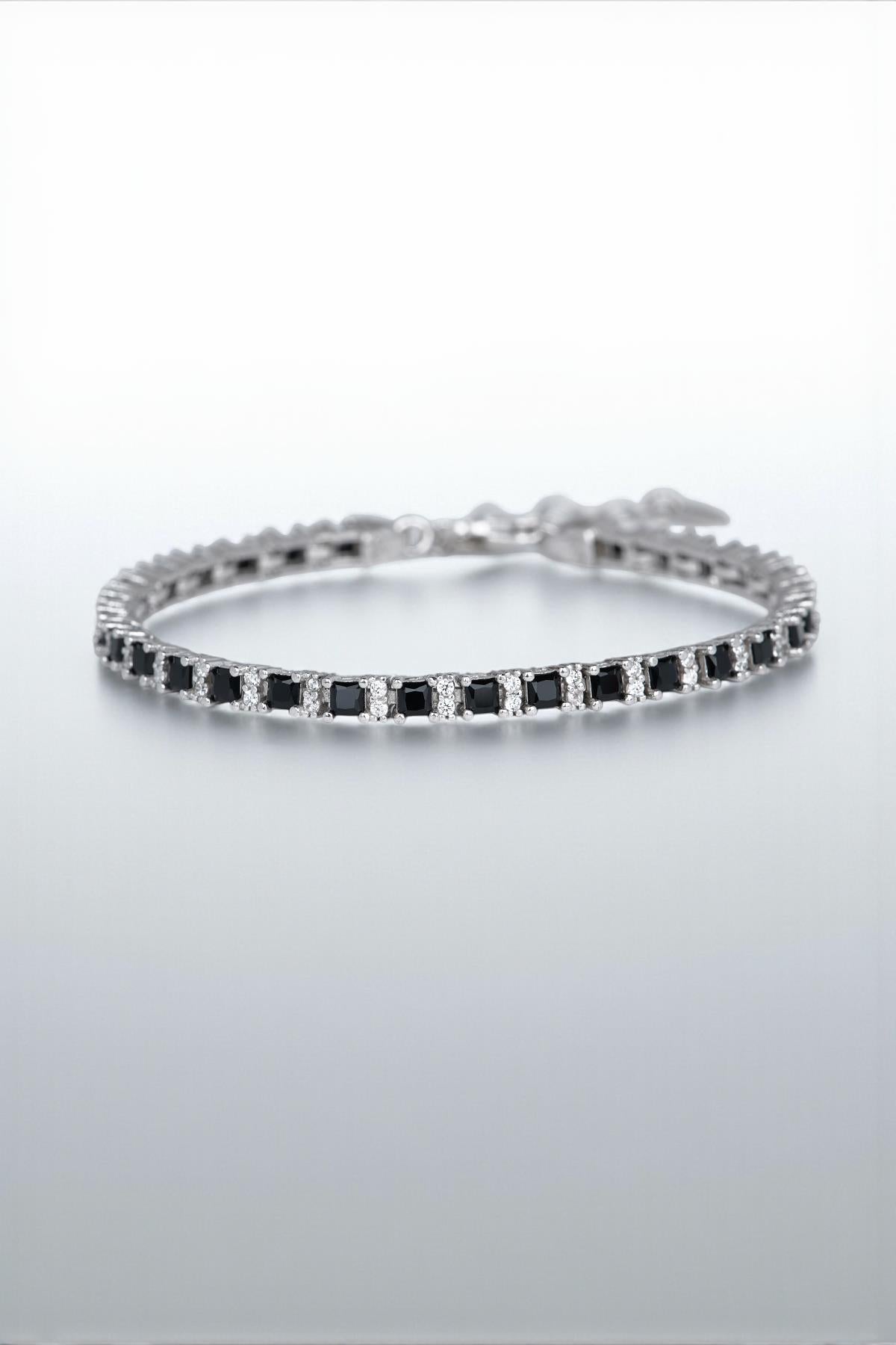 FRNCH 925 Ayar Gümüş Zirkon Taşlı Siyah Renkli Tennis Erkek Bileklik FRJ12344-3344-S