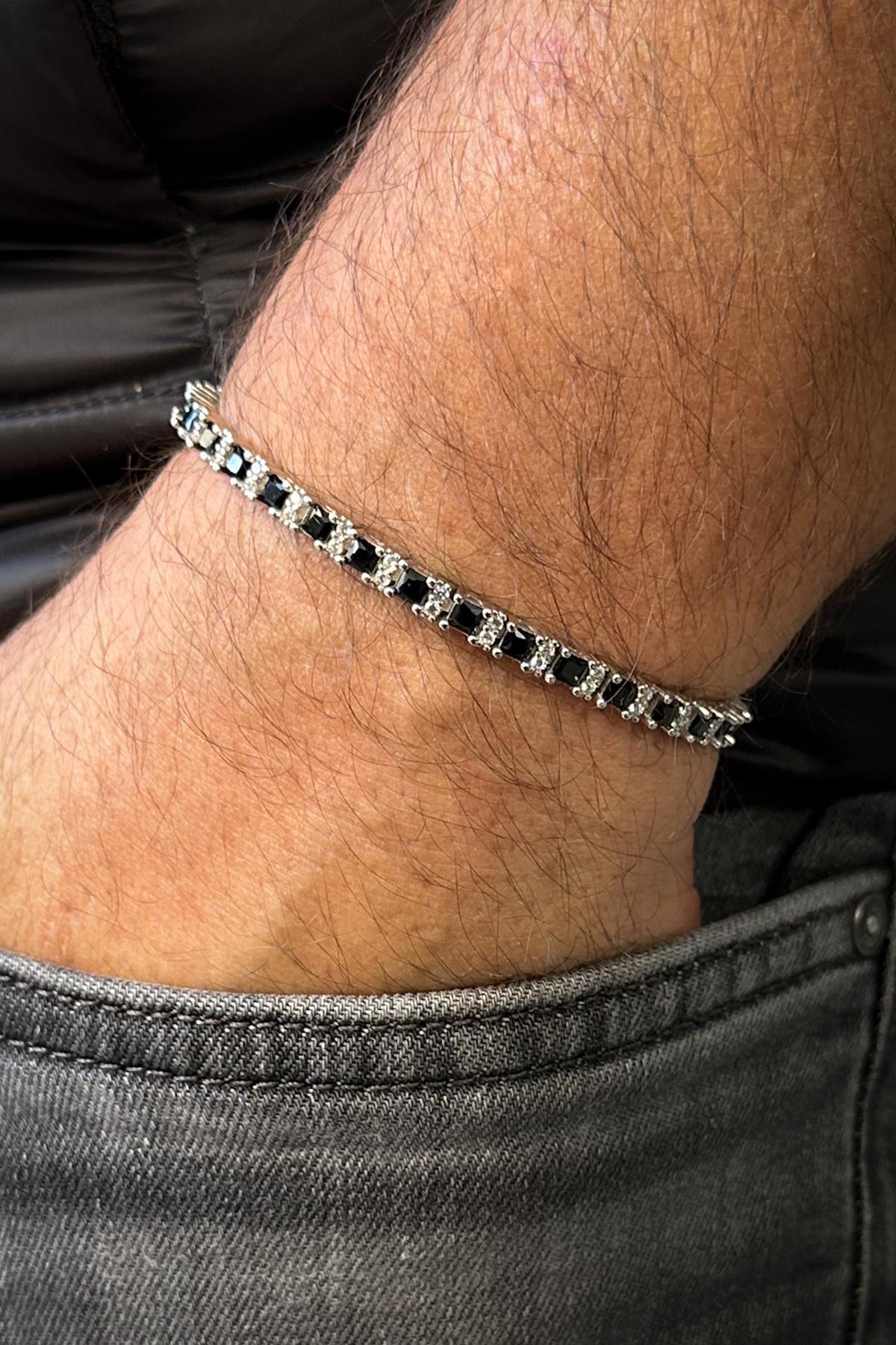 FRNCH 925 Ayar Gümüş Zirkon Taşlı Siyah Renkli Tennis Erkek Bileklik FRJ12344-3344-S
