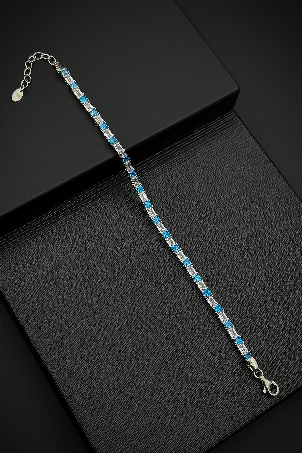 FRNCH 925 Ayar Gümüş Aqua Marine Taşlı Turkuaz-Beyaz Renk Tennis Erkek Bileklik FRJ12157-3157-MA