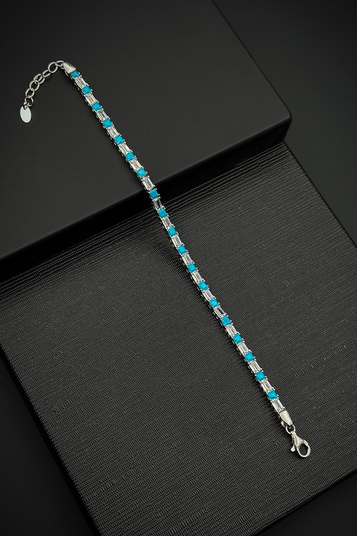 FRNCH 925 Ayar Gümüş Zirkon Taşlı Turkuaz-Beyaz Renk Tennis Erkek Bileklik FRJ12157-3157-MA2