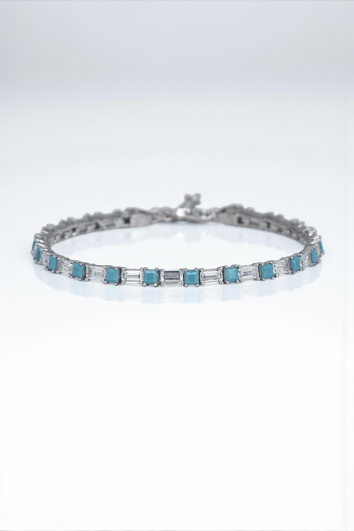 FRNCH 925 Ayar Gümüş Zirkon Taşlı Turkuaz-Beyaz Renk Tennis Erkek Bileklik FRJ12157-3157-MA2