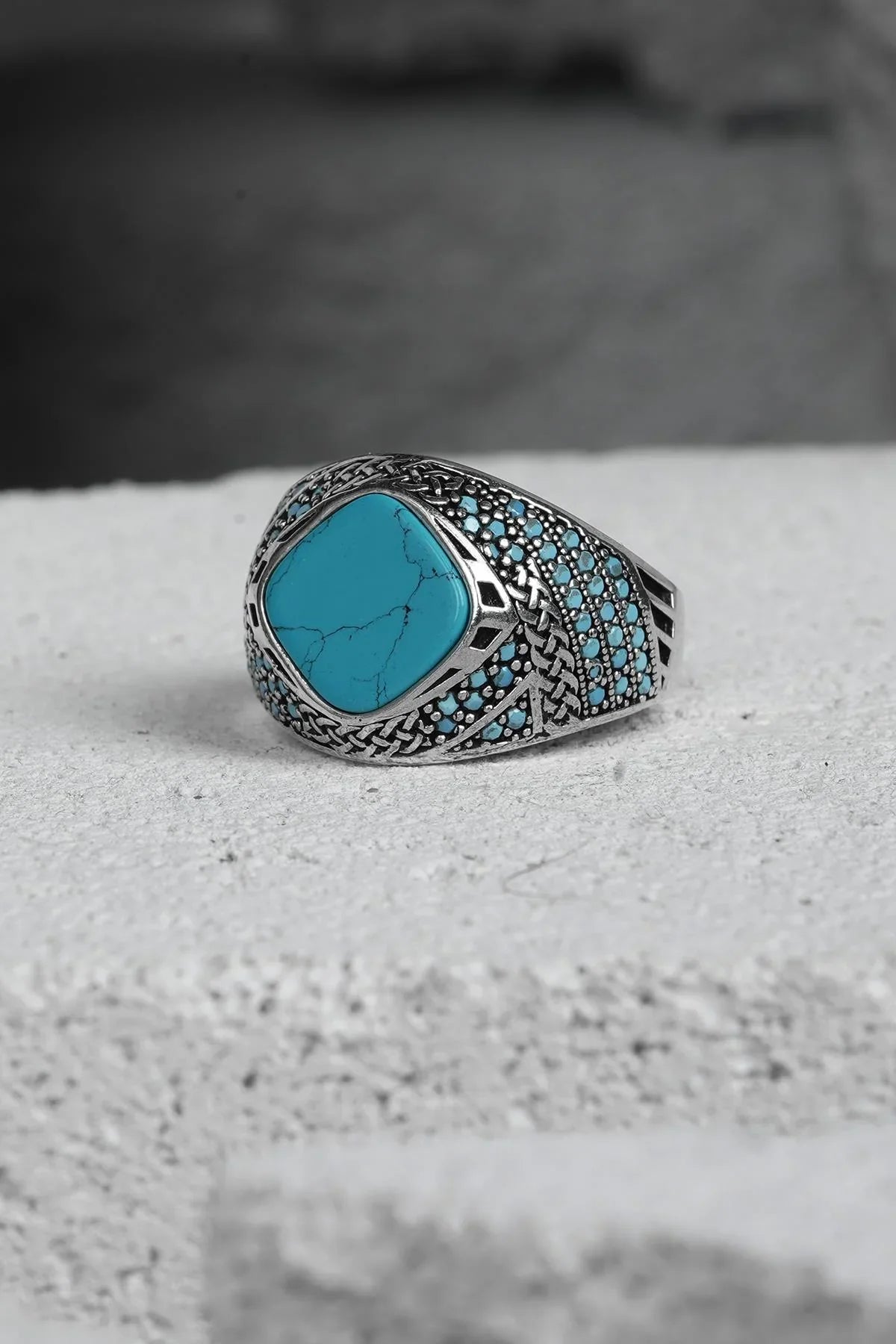 FRNCH 925 Ayar Gümüş Zirkon Taşlı Turkuaz Renkli Erkek Yüzük FRJ60093-193-M