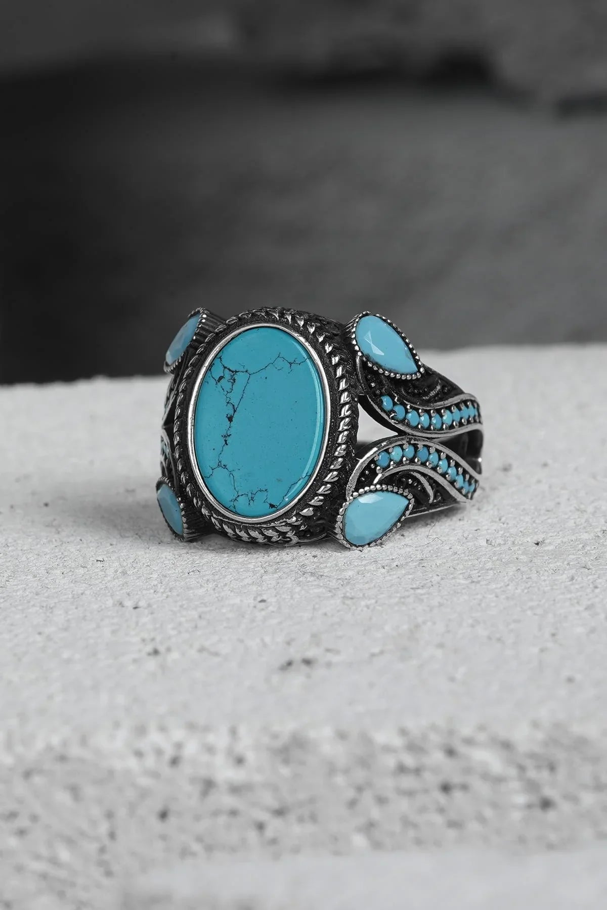 FRNCH 925 Ayar Gümüş Zirkon Taşlı Turkuaz Renkli Erkek Yüzük FRJ60093-193-M3