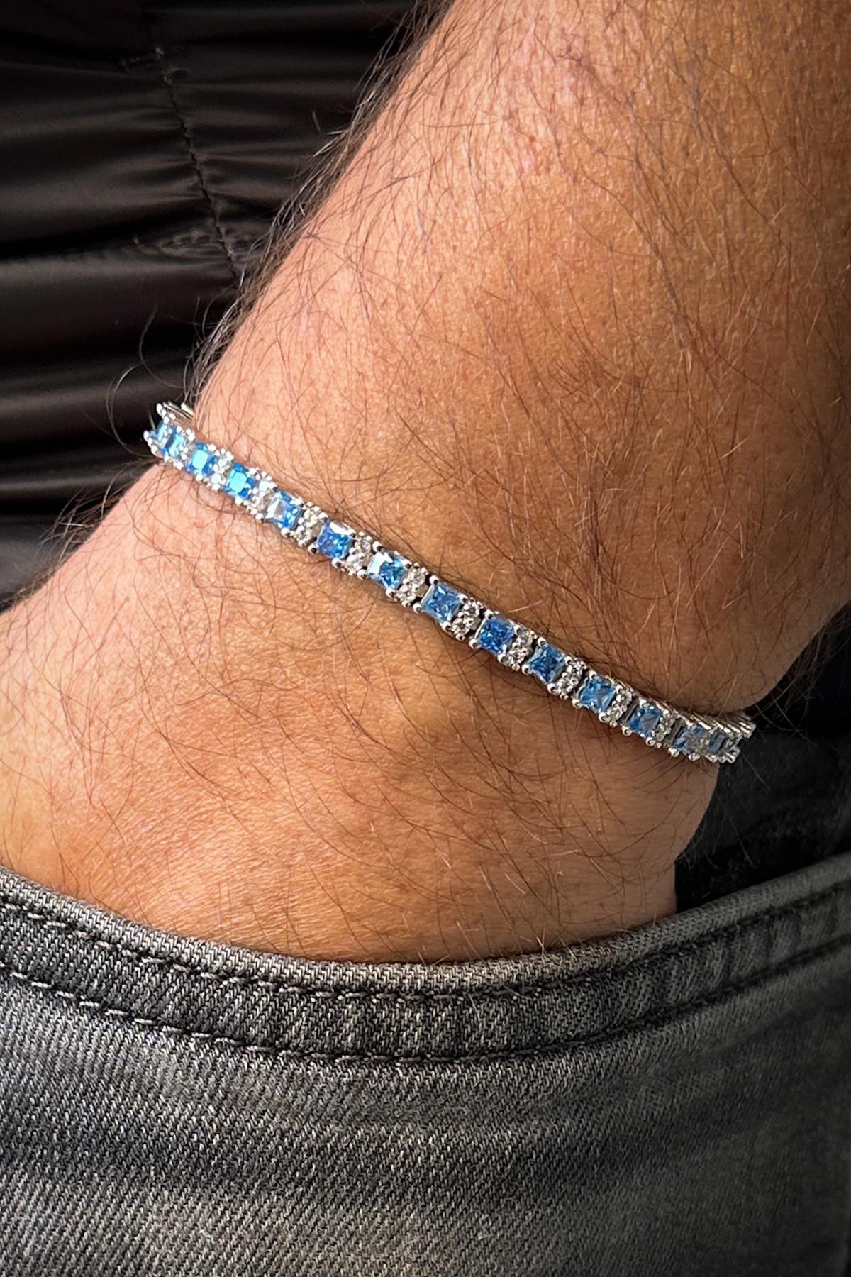 FRNCH 925 Ayar Gümüş Zirkon Taşlı Turkuaz Renkli Tennis Erkek Bileklik FRJ12344-3344-M