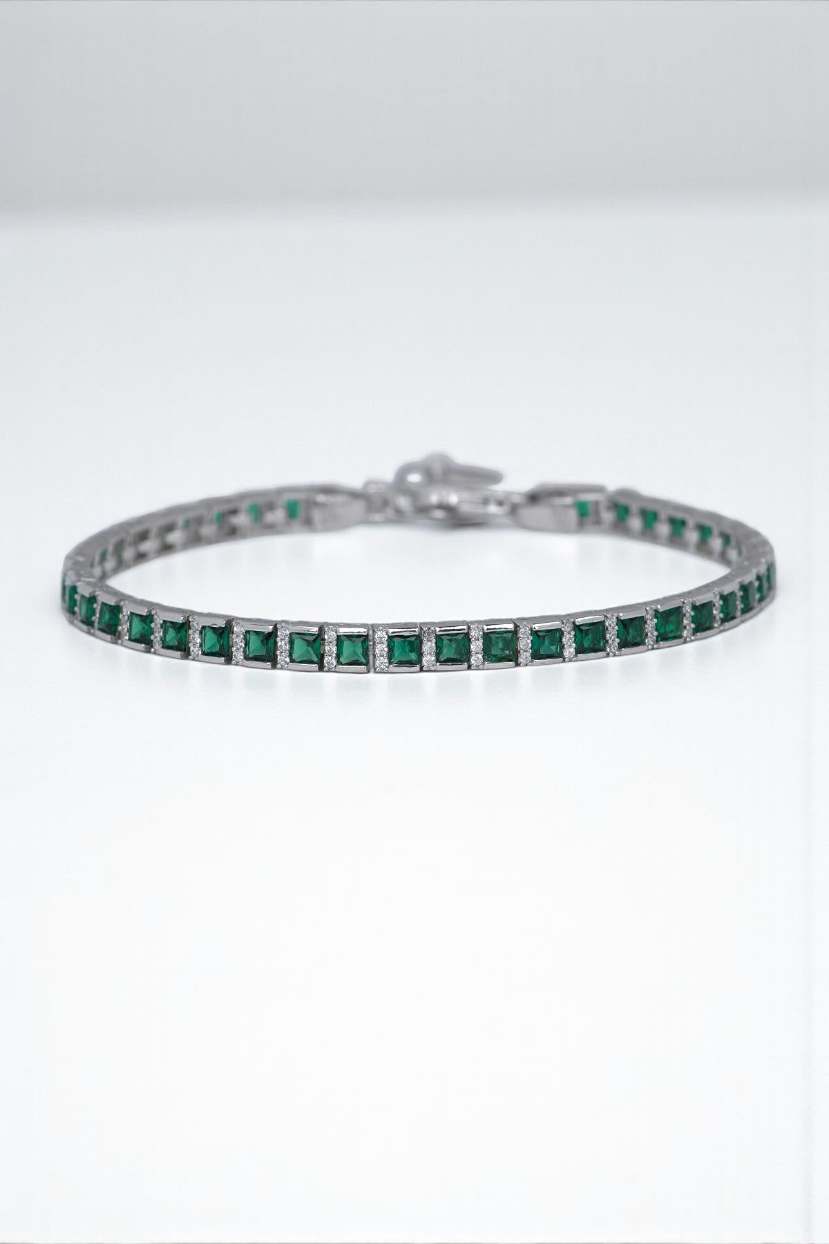 FRNCH 925 Ayar Gümüş Zirkon Taşlı Yeşil Renk Erkek Bileklik FRJ12515-3515-Y