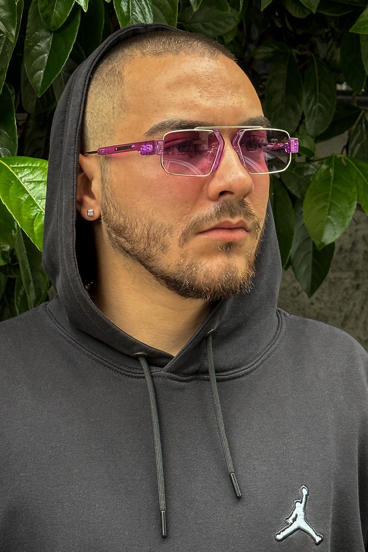 FRNCH Altın Çerçeve Pembe Cam Dikdörtgen Model Erkek Güneş Gözlüğü FRG1041-141-P