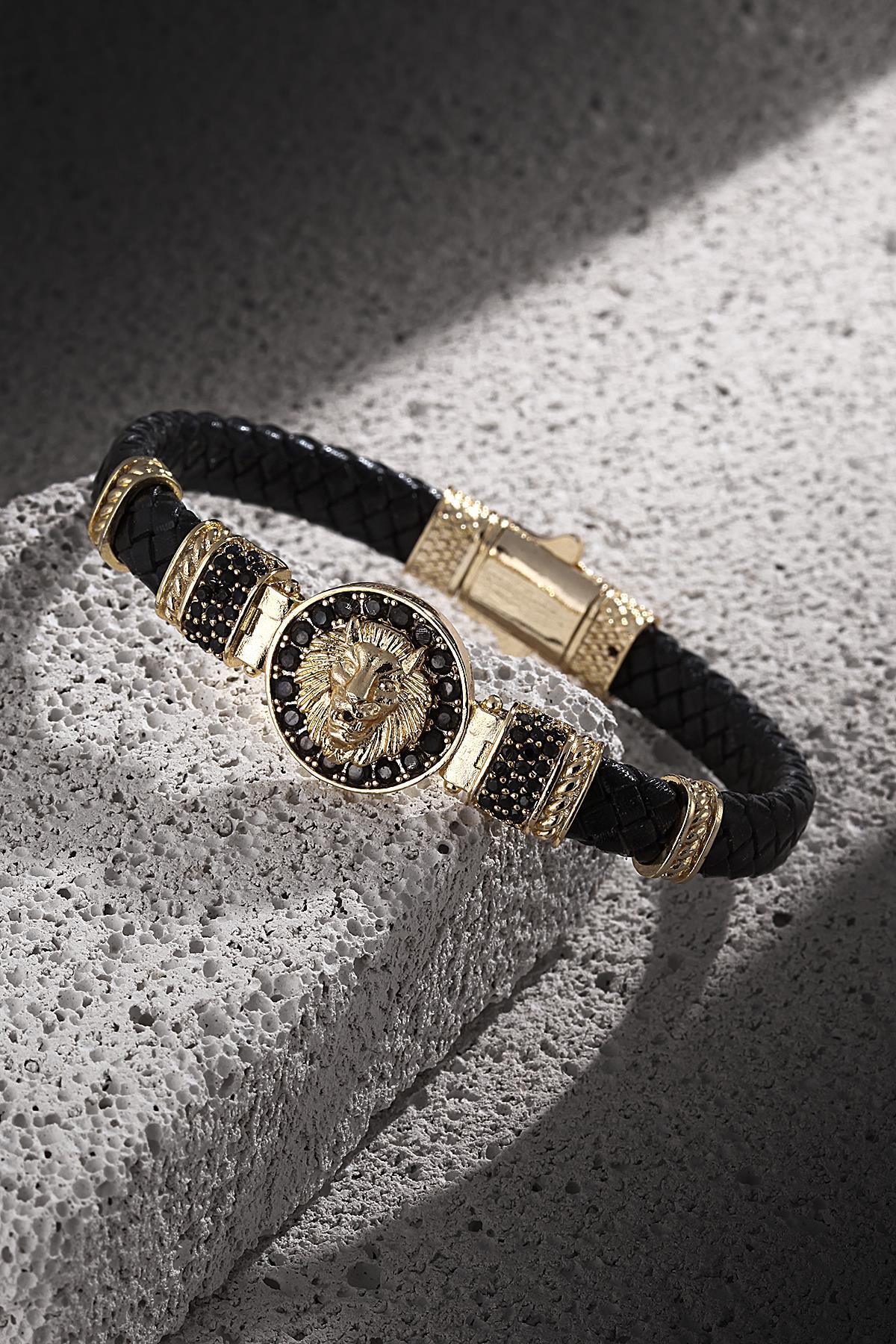 FRNCH Aslan Figürlü Gerçek Deri Zirkon Taşlı Gold Renk Erkek Bileklik FRJ11202-1302-G