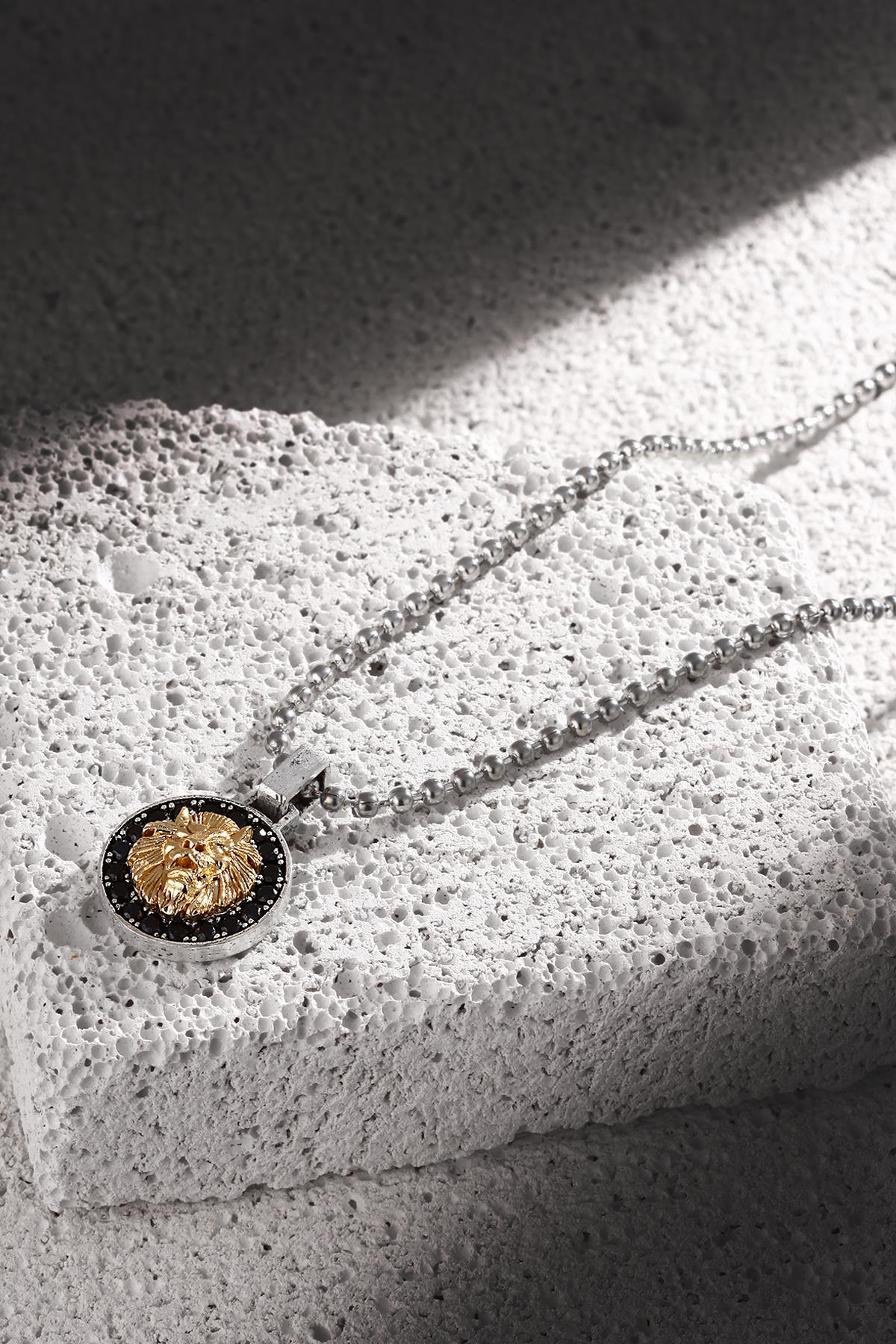 FRNCH Aslan Figürlü Zirkon Taşlı Antik Gümüş-Gold Renk Erkek Kolye FRJ30427-527-A2G
