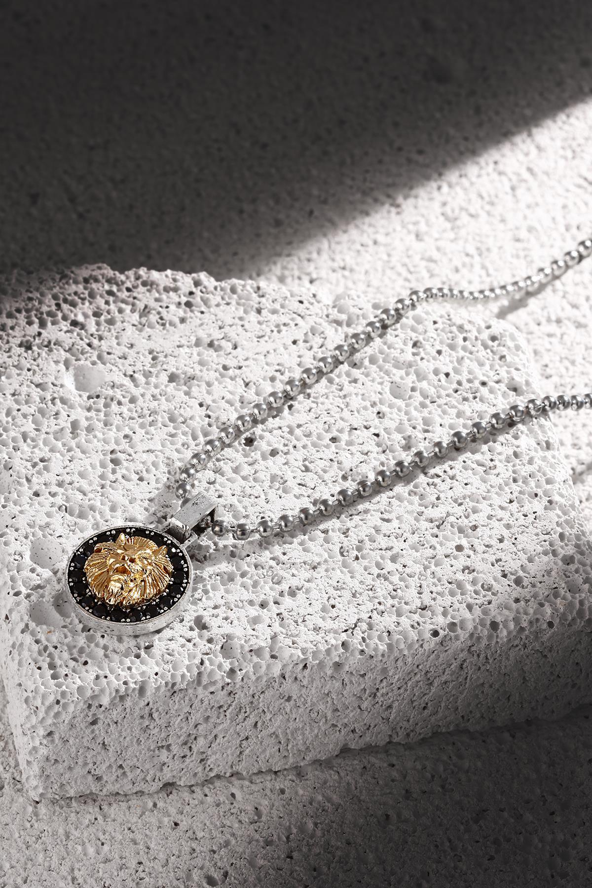 FRNCH Aslan Figürlü Zirkon Taşlı Antik Gümüş-Gold Renk Erkek Kolye FRJ30427-527-A2G