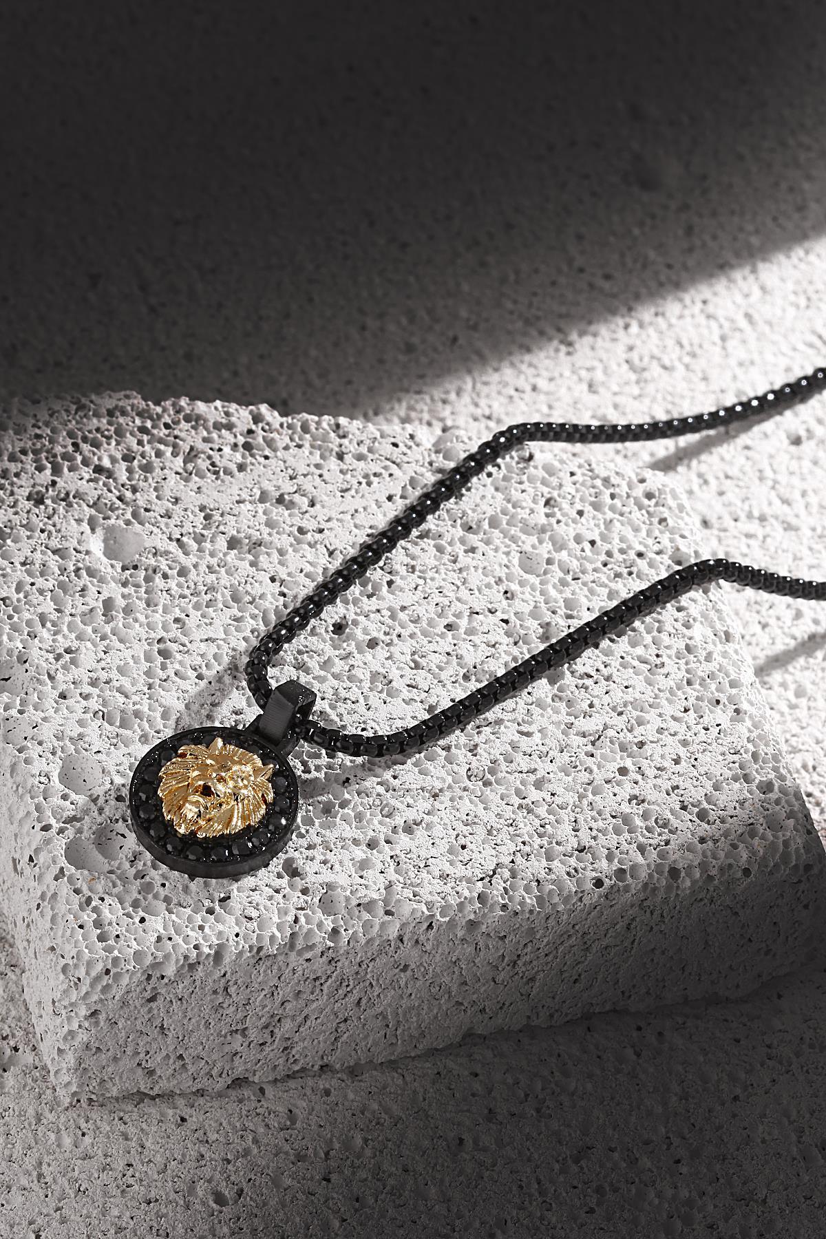 FRNCH Aslan Figürlü Zirkon Taşlı Mat Siyah-Gold Renk Erkek Kolye FRJ30427-527-B2G
