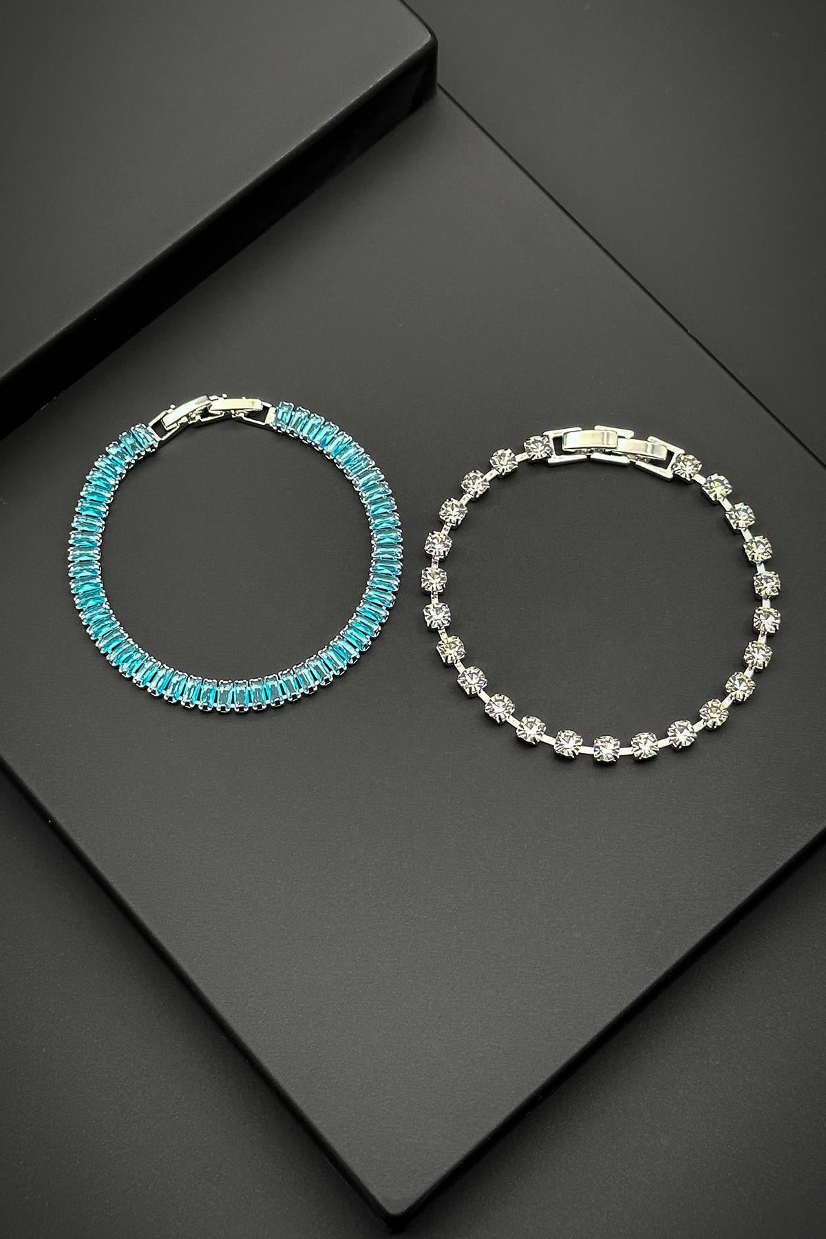 FRNCH Baget ve 3MM Zirkon Taşlı Turkuaz-Beyaz Renkli Erkek Bileklik Set FRJ40153-253-MA