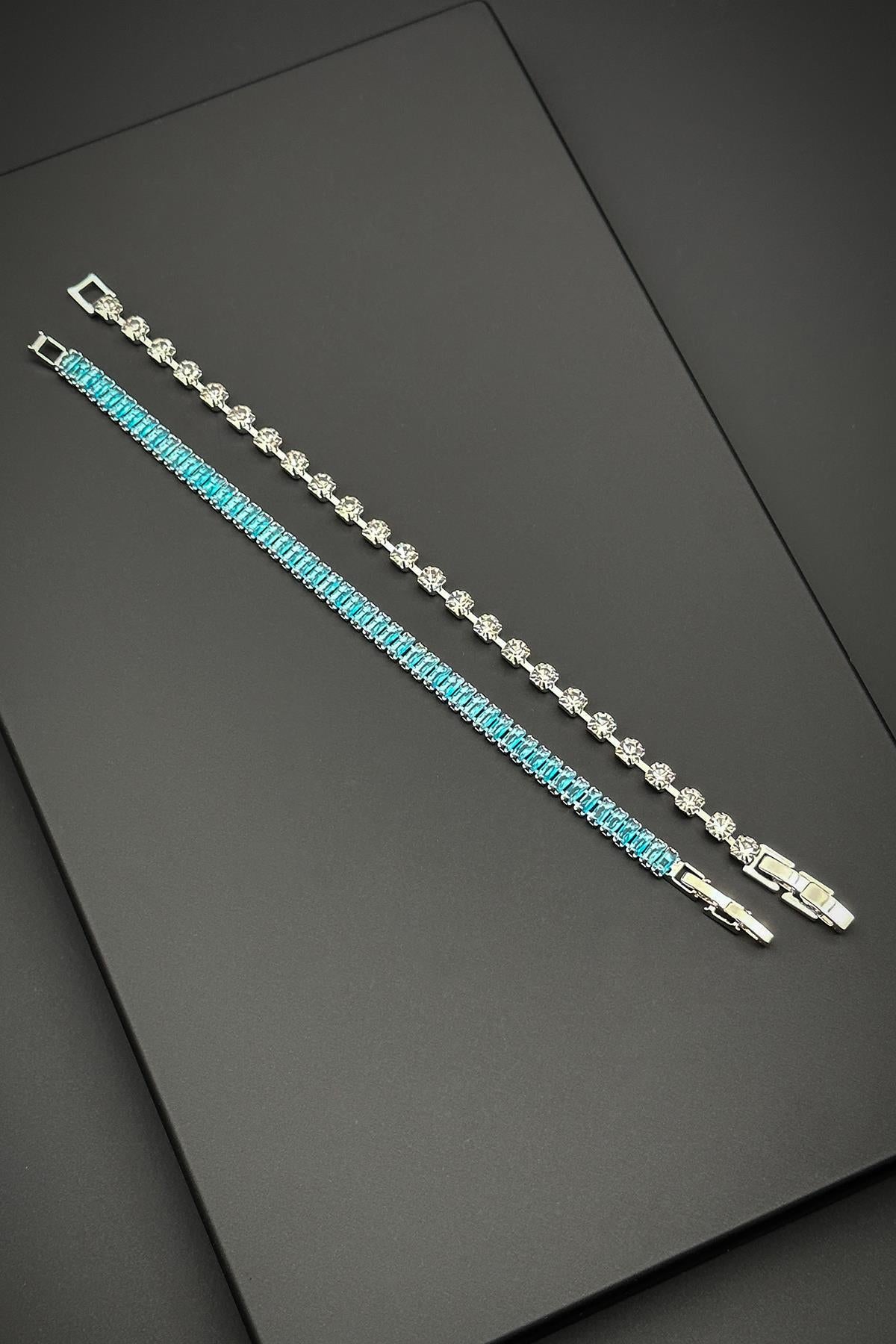 FRNCH Baget ve 3MM Zirkon Taşlı Turkuaz-Beyaz Renkli Erkek Bileklik Set FRJ40153-253-MA