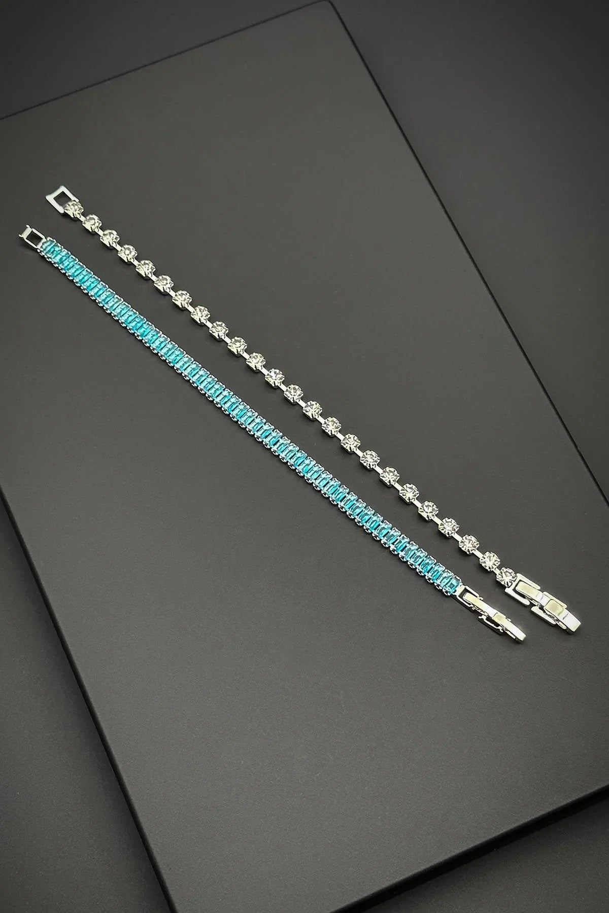 FRNCH Baget ve 3MM Zirkon Taşlı Turkuaz-Beyaz Renkli Erkek Bileklik Set FRJ40153-253-MA