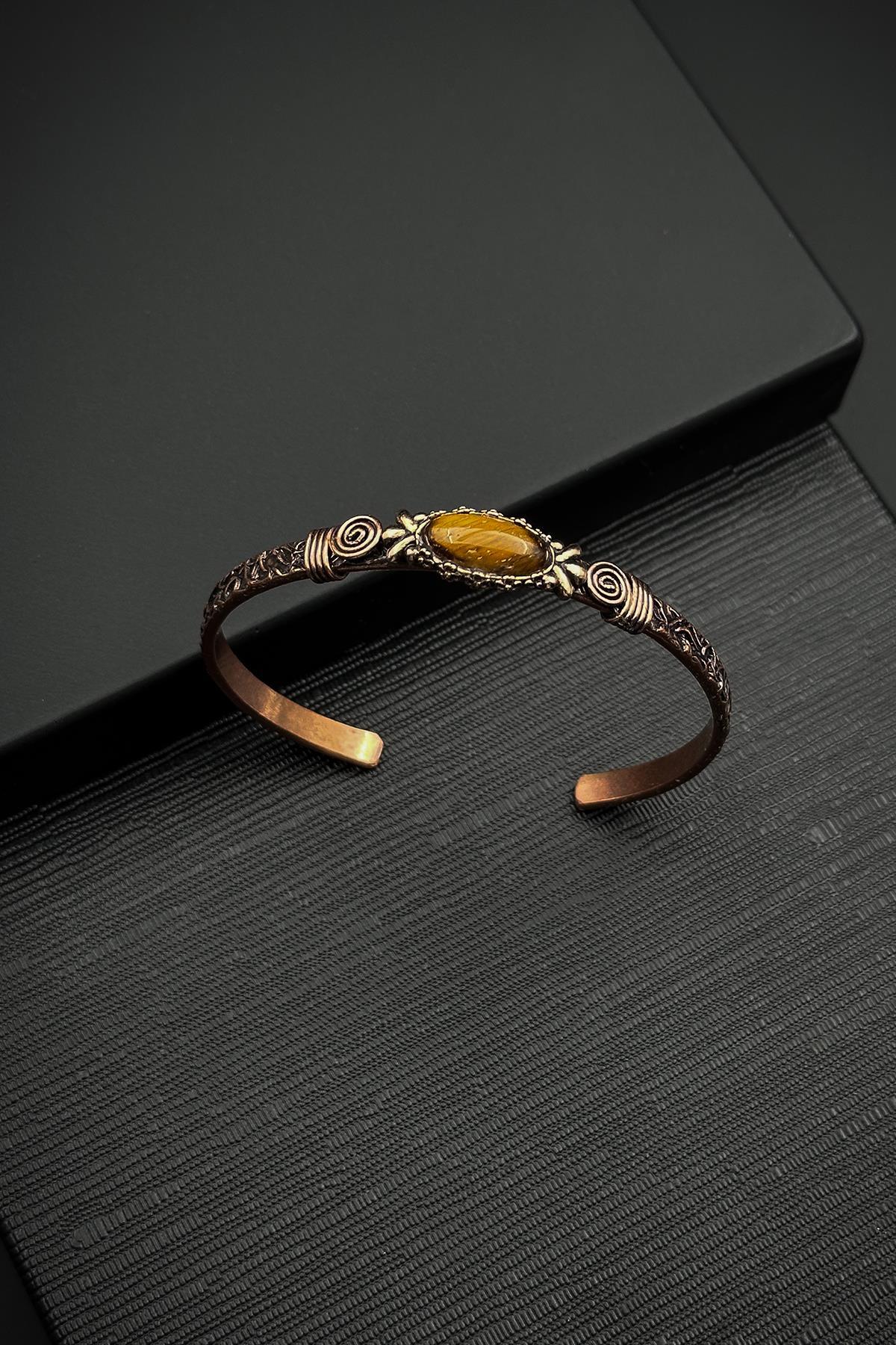 FRNCH Bakır Madenli Kaplan Gözü Doğal Taşlı Kahverengi Erkek Kelepçe Bileklik FRJ12579-3579-K