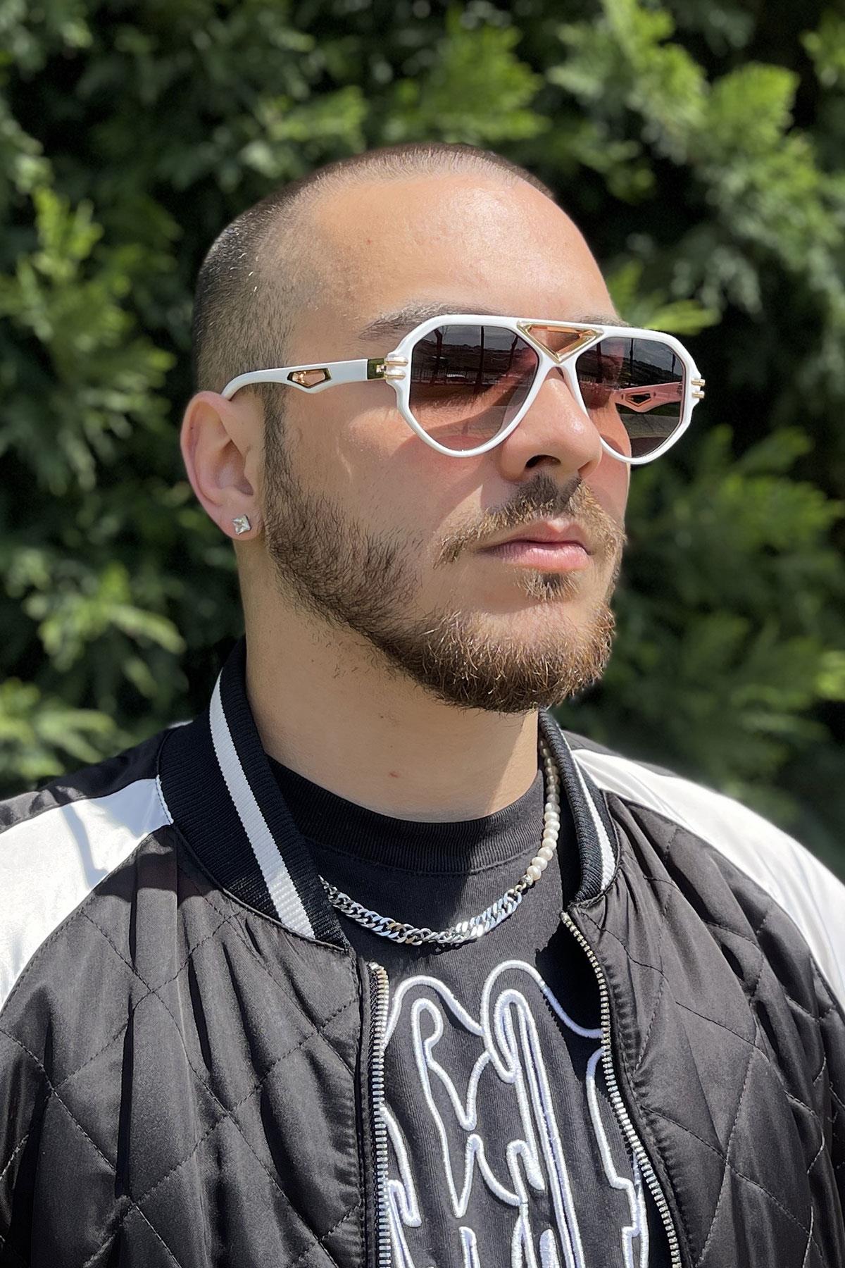 FRNCH Beyaz Çerçeve Kahverengi Cam Altıgen Erkek Güneş Gözlüğü FRG1012-112-BK