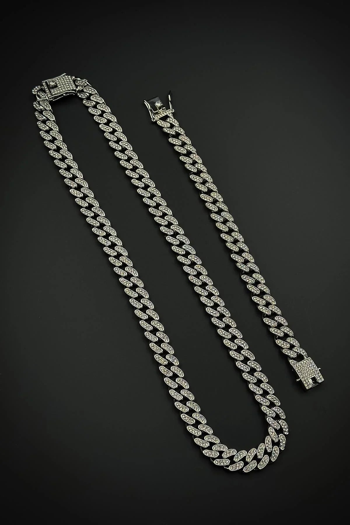 FRNCH Bronz Madenli Beyaz Zirkon Taşlı Gümüş Renk Tennis Erkek Bileklik/Kolye Set FRJ12586-3586-A