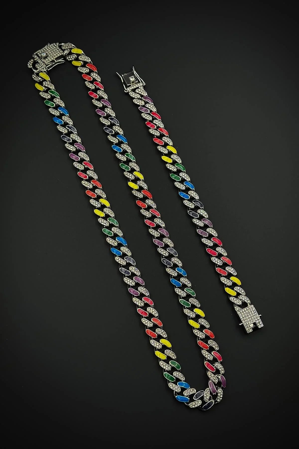 FRNCH Bronz Madenli Çok Renkli Zirkon Taşlı Gümüş Renk Tennis Erkek Bileklik/Kolye Set FRJ12585-3585-CK