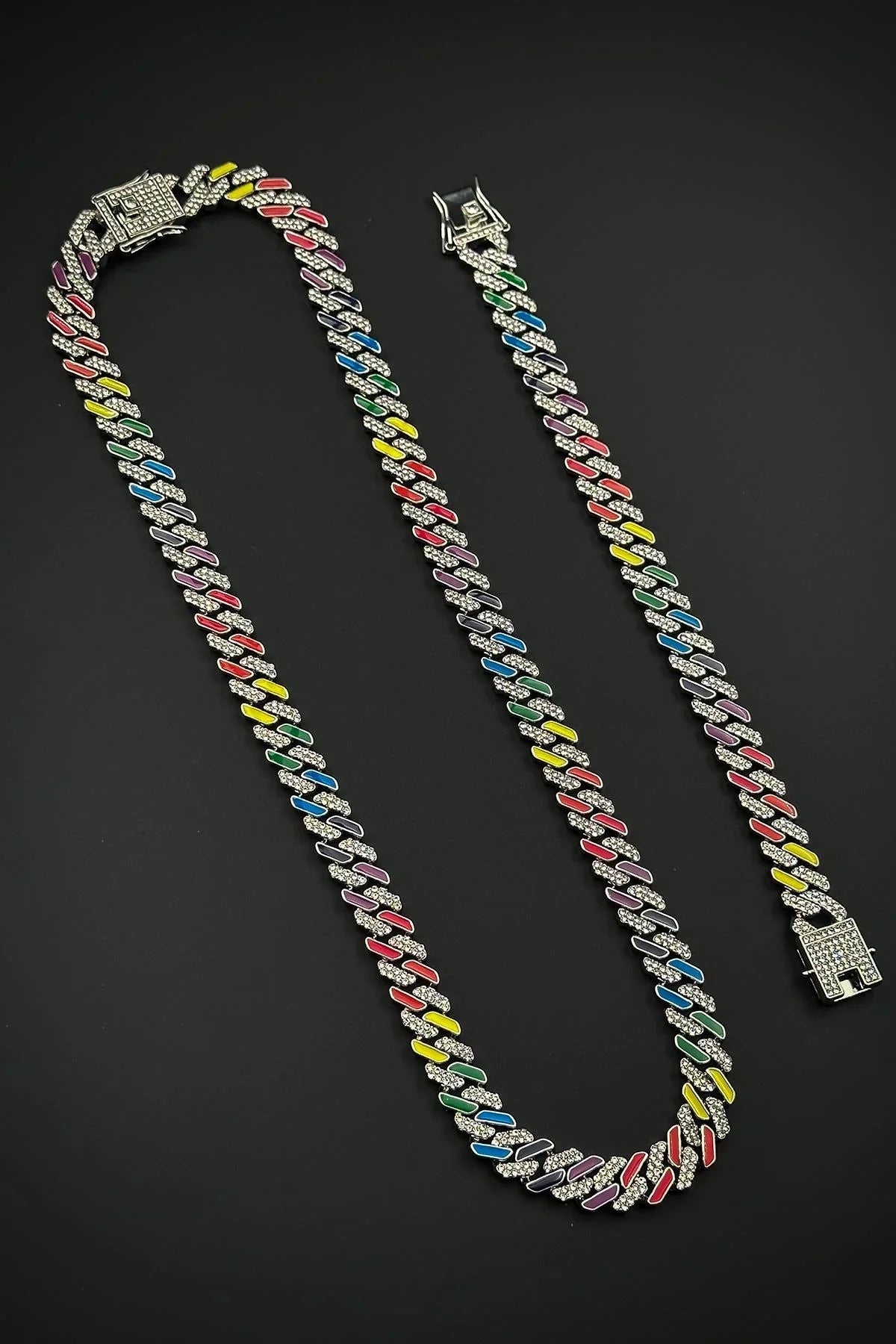 FRNCH Bronz Madenli Çok Renkli Zirkon Taşlı Gümüş Renk Tennis Erkek Bileklik/Kolye Set FRJ12587-3587-CK