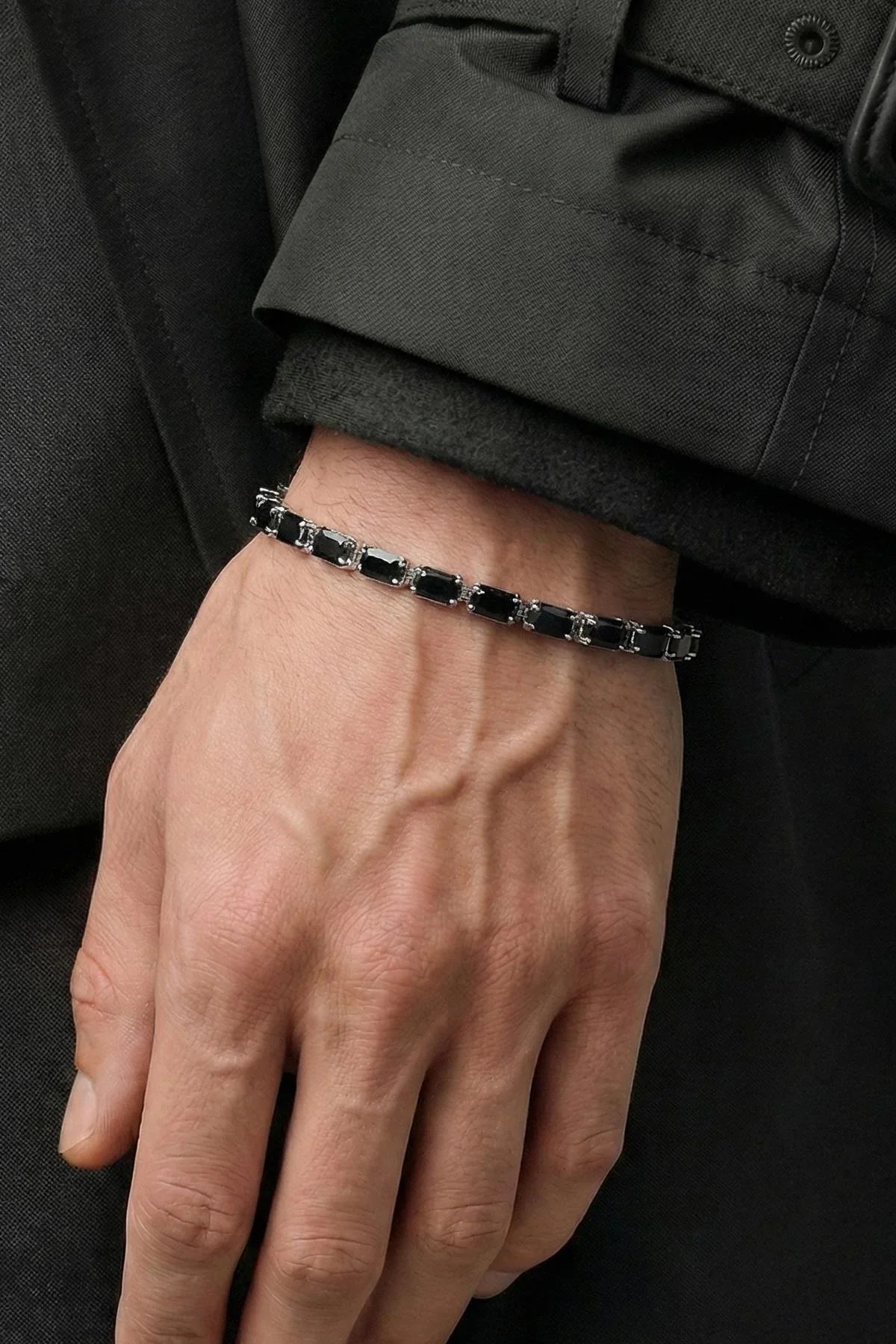 FRNCH Bronz Madenli Siyah Zirkon Taşlı Siyah Renk Tennis Erkek Bileklik FRJ12816-3816-B2