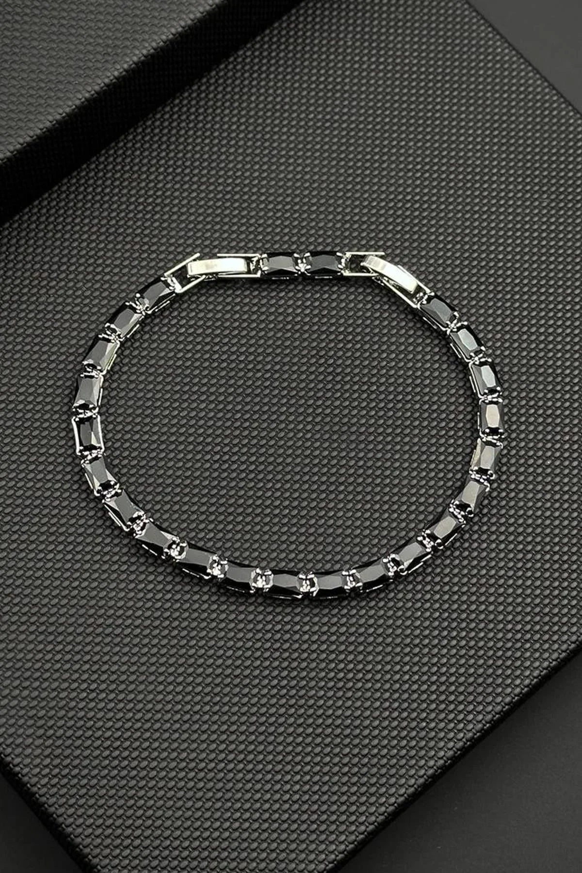 FRNCH Bronz Madenli Siyah Zirkon Taşlı Siyah Renk Tennis Erkek Bileklik FRJ12816-3816-B2