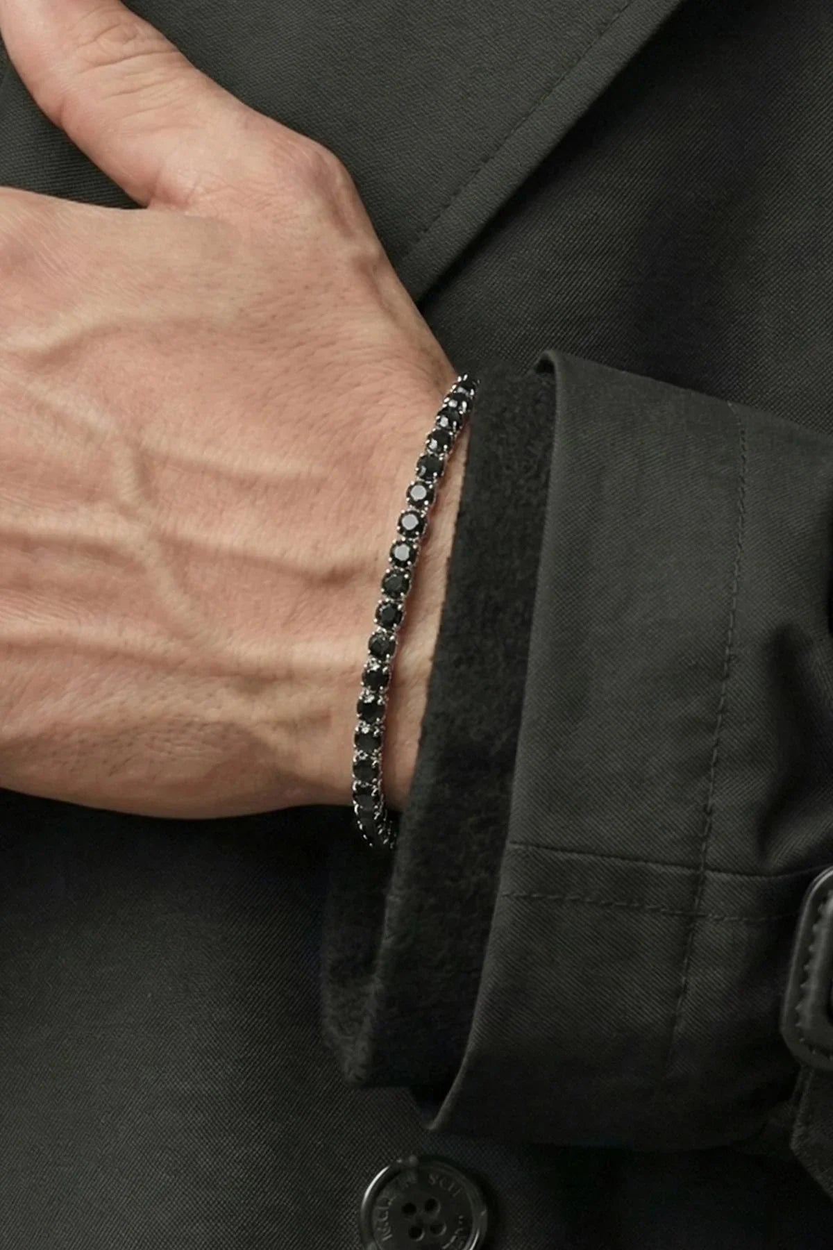 FRNCH Bronz Madenli Siyah Zirkon Taşlı Siyah Renk Tennis Erkek Bileklik FRJ12817-3817-B2