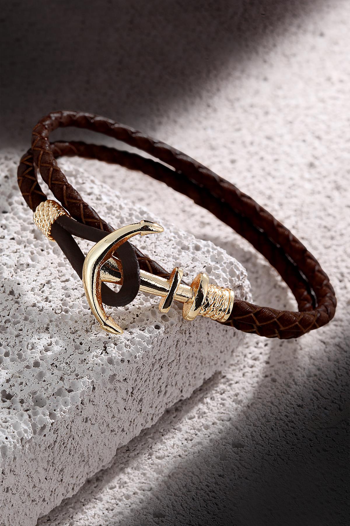 FRNCH Çapa Figürlü Gerçek Deri Handmade Erkek Bileklik FRJ11161-1261-RG