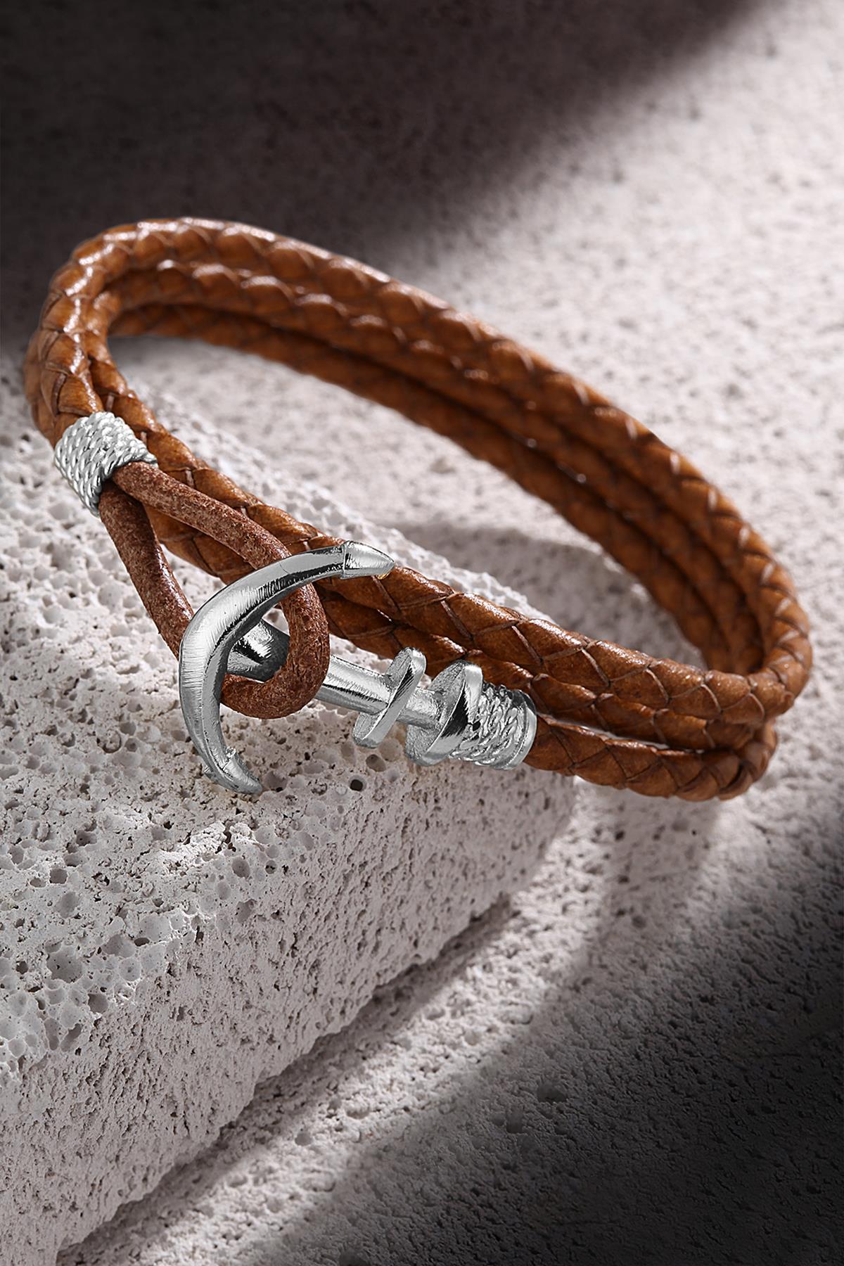 FRNCH Çapa Figürlü Gerçek Deri Handmade Erkek Bileklik FRJ11162-1262-KA