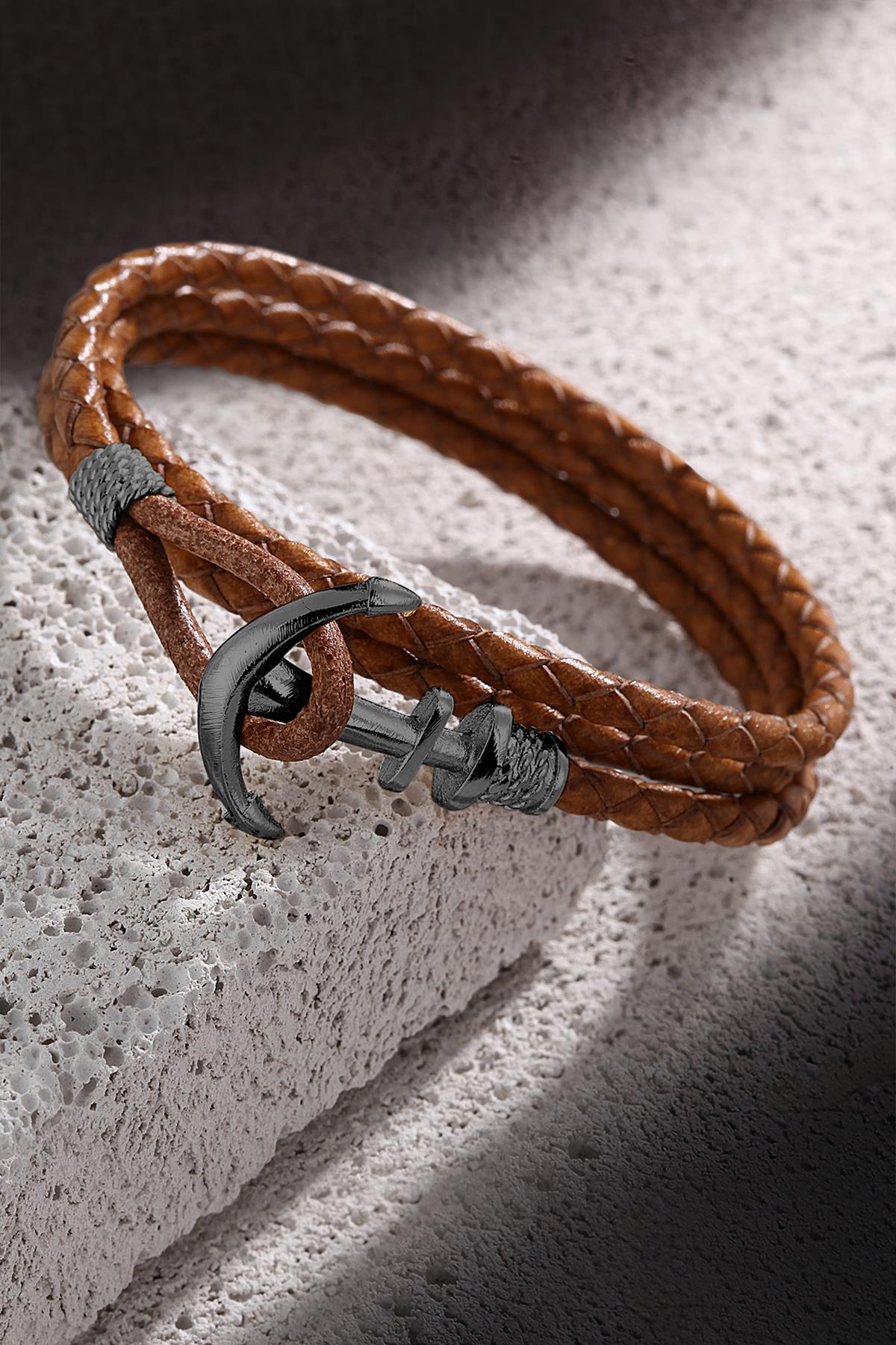 FRNCH Çapa Figürlü Gerçek Deri Handmade Erkek Bileklik FRJ11162-1262-KB