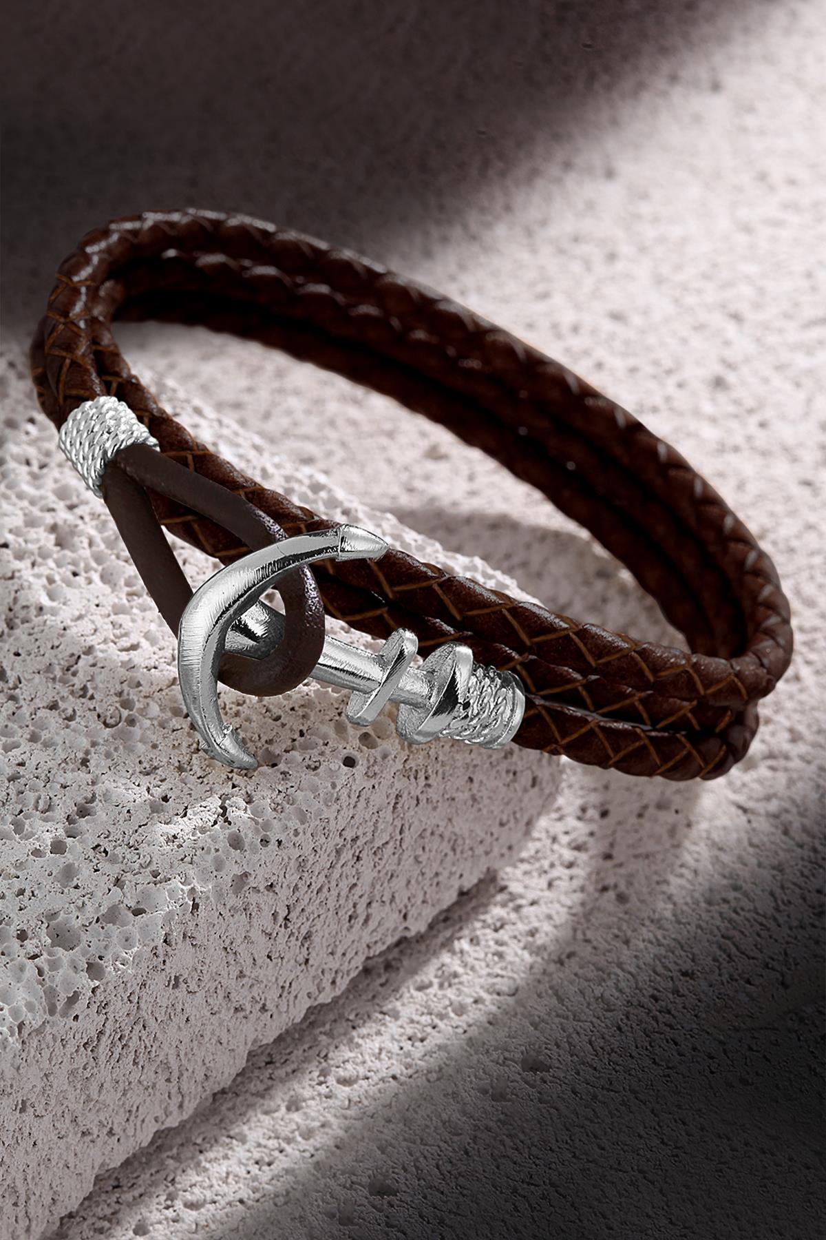 FRNCH Çapa Figürlü Gerçek Deri Handmade Erkek Bileklik FRJ11162-1262-RA