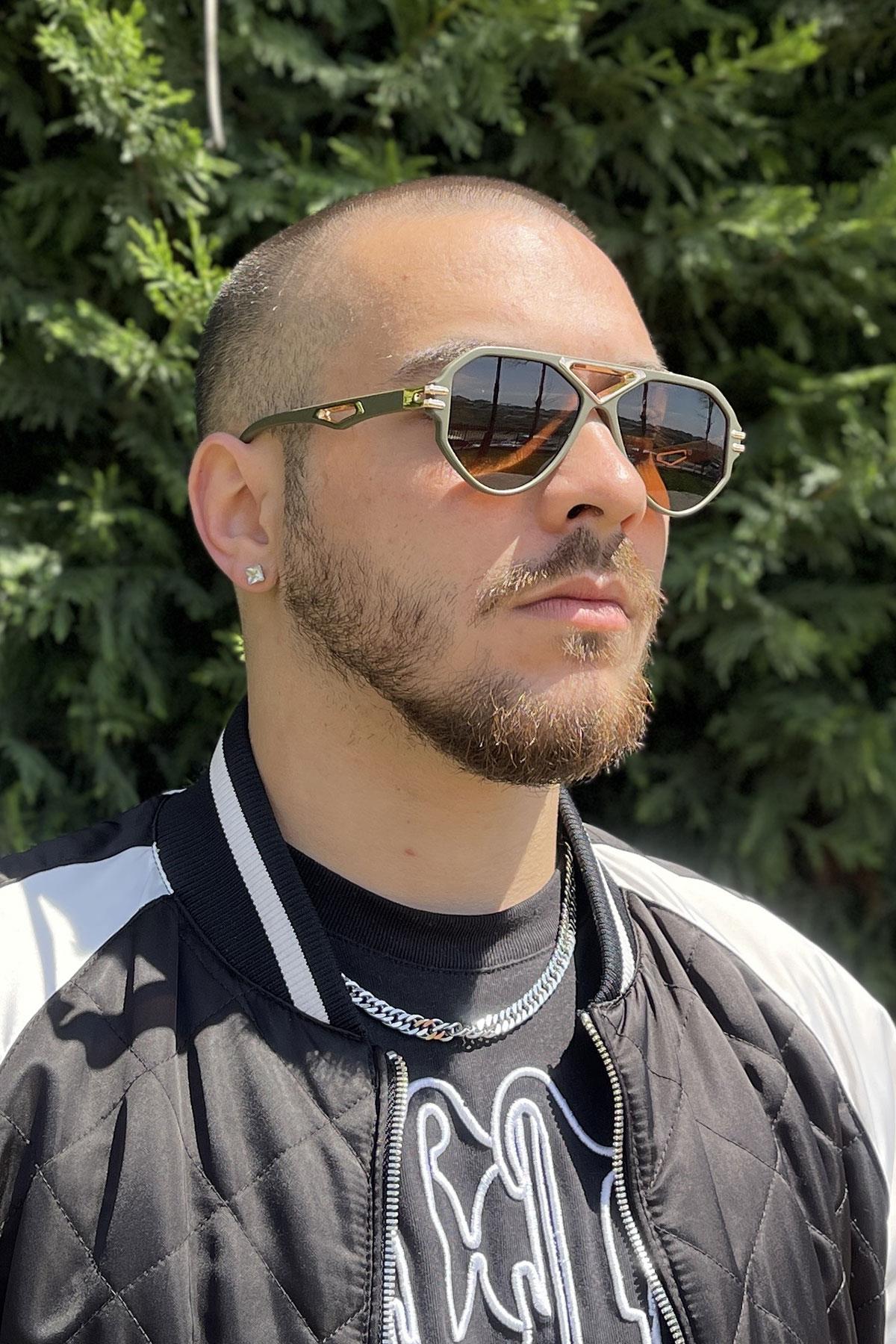 FRNCH Gri Çerçeve Kahverengi Cam Altıgen Erkek Güneş Gözlüğü FRG1012-112-KG