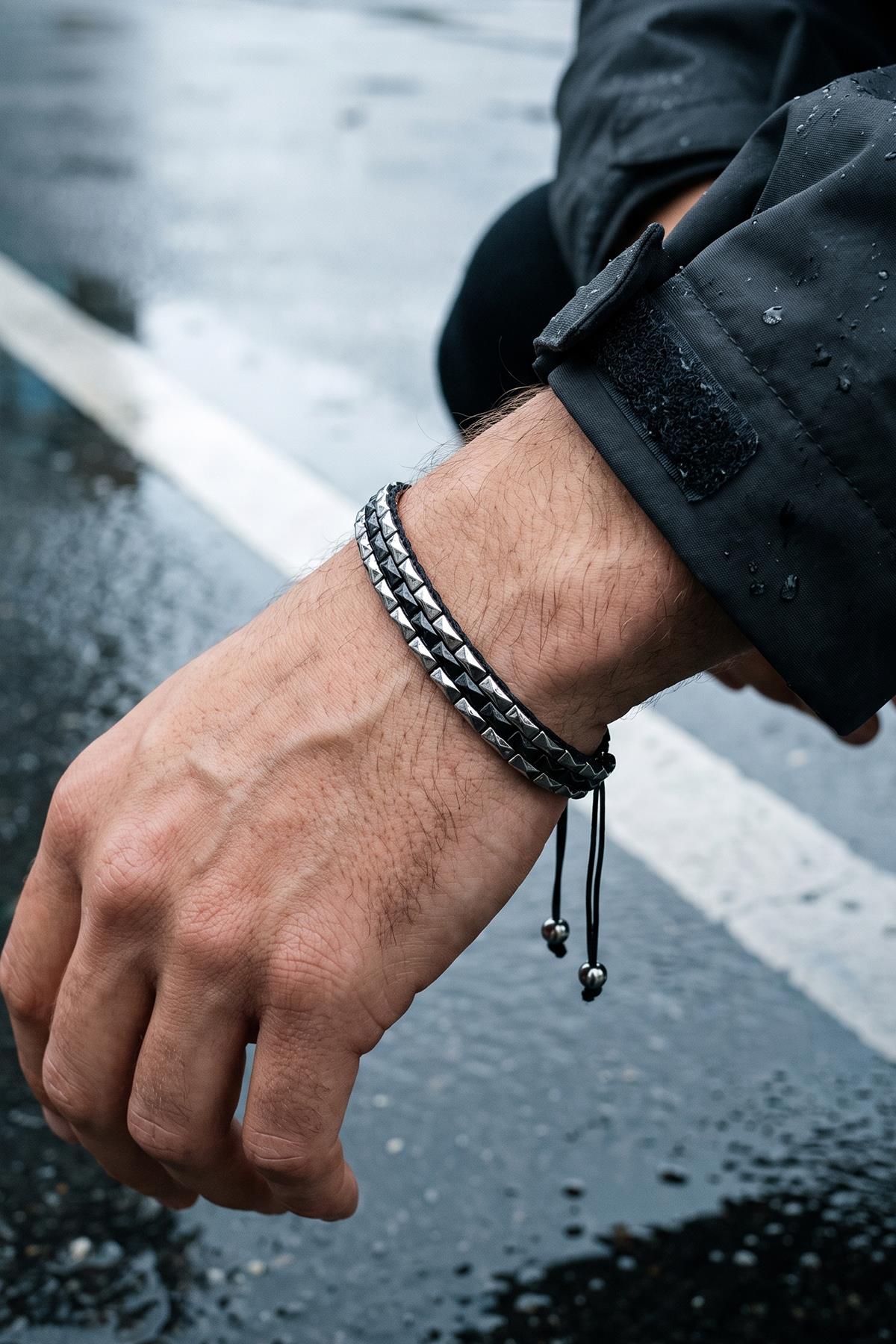 FRNCH Hematit Doğal Taşlı Gümüş-Siyah Renk Makrome Erkek Bileklik FRJ13023-4023-B2A