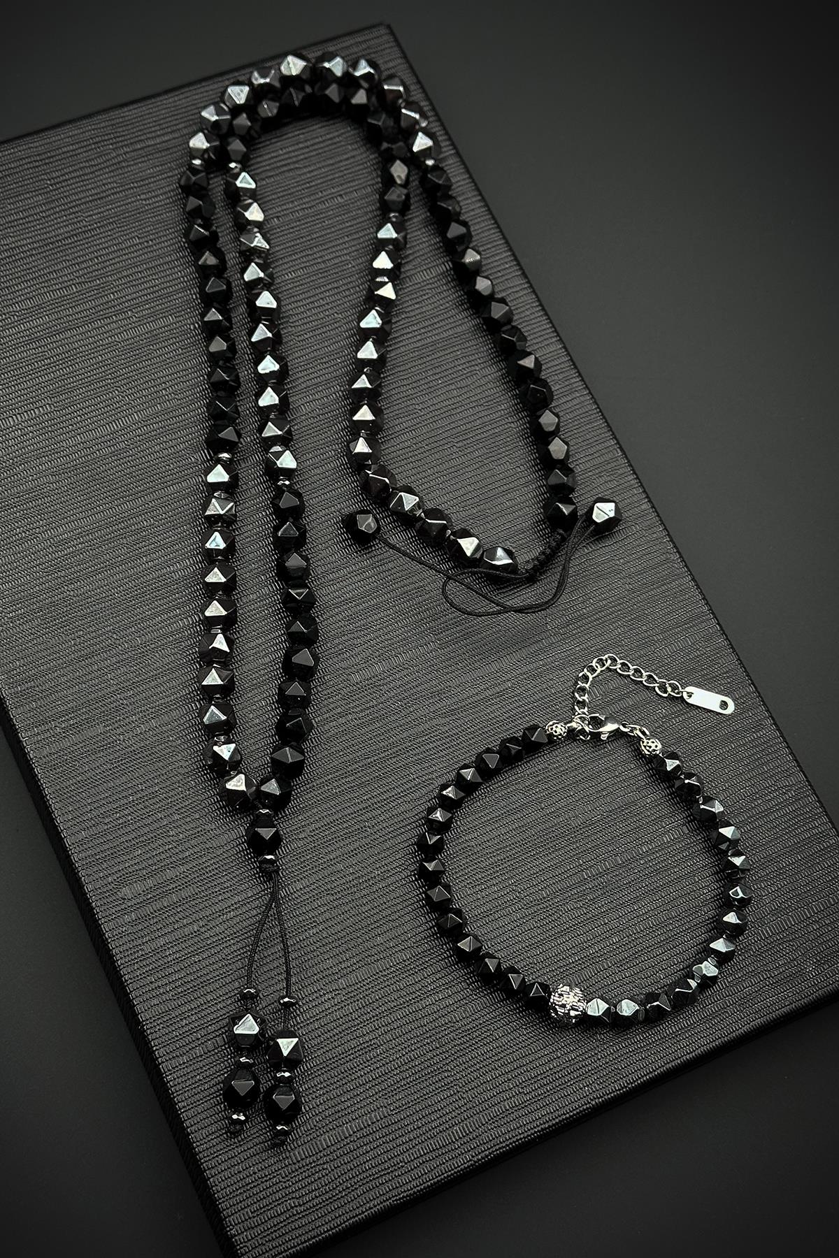 FRNCH Hematit Doğal Taşlı Siyah Renk Erkek Bileklik/Kolye Set FRJ12525-3525-S