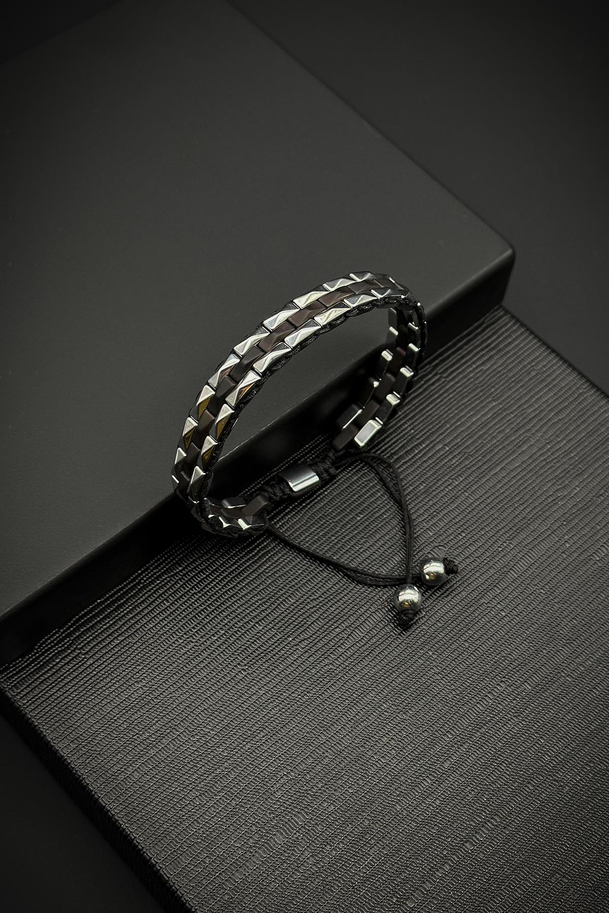 FRNCH Hematit Taşlı Gümüş-Siyah Renkli Ayarlanabilir Makrome Erkek Bileklik FRJ11312-1412-AB2