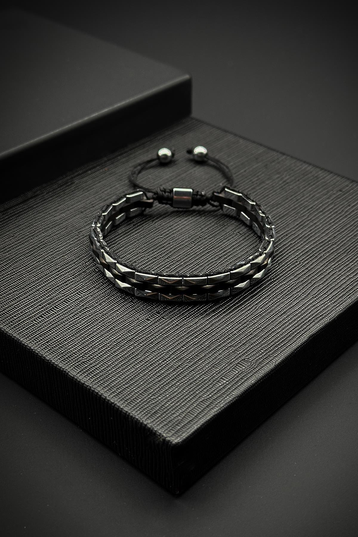 FRNCH Hematit Taşlı Gümüş-Siyah Renkli Ayarlanabilir Makrome Erkek Bileklik FRJ11312-1412-AB2