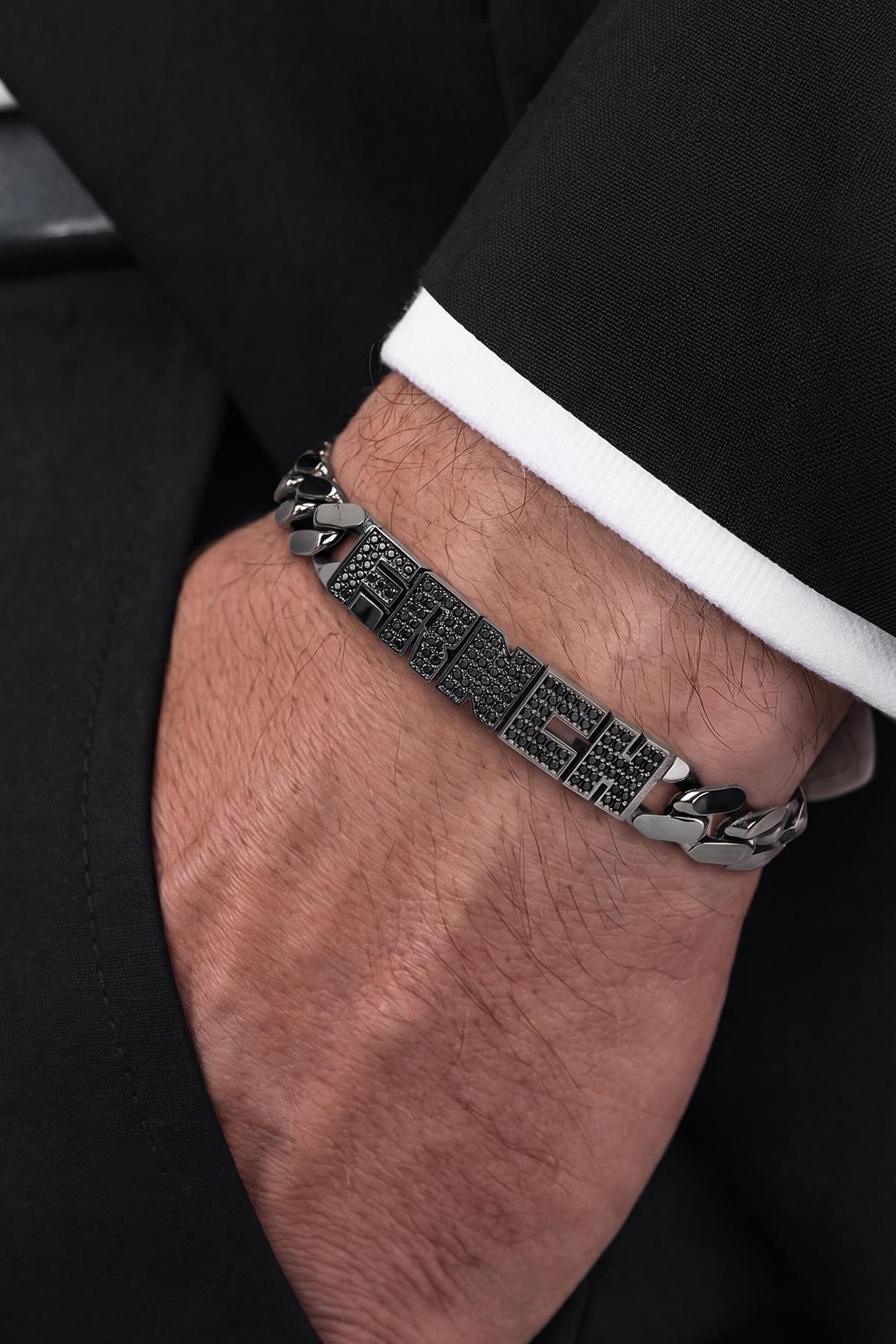 FRNCH İsim Yazılan Siyah Zirkon Taşlı Siyah Renk Erkek Bileklik FRJ12924-3924-B2