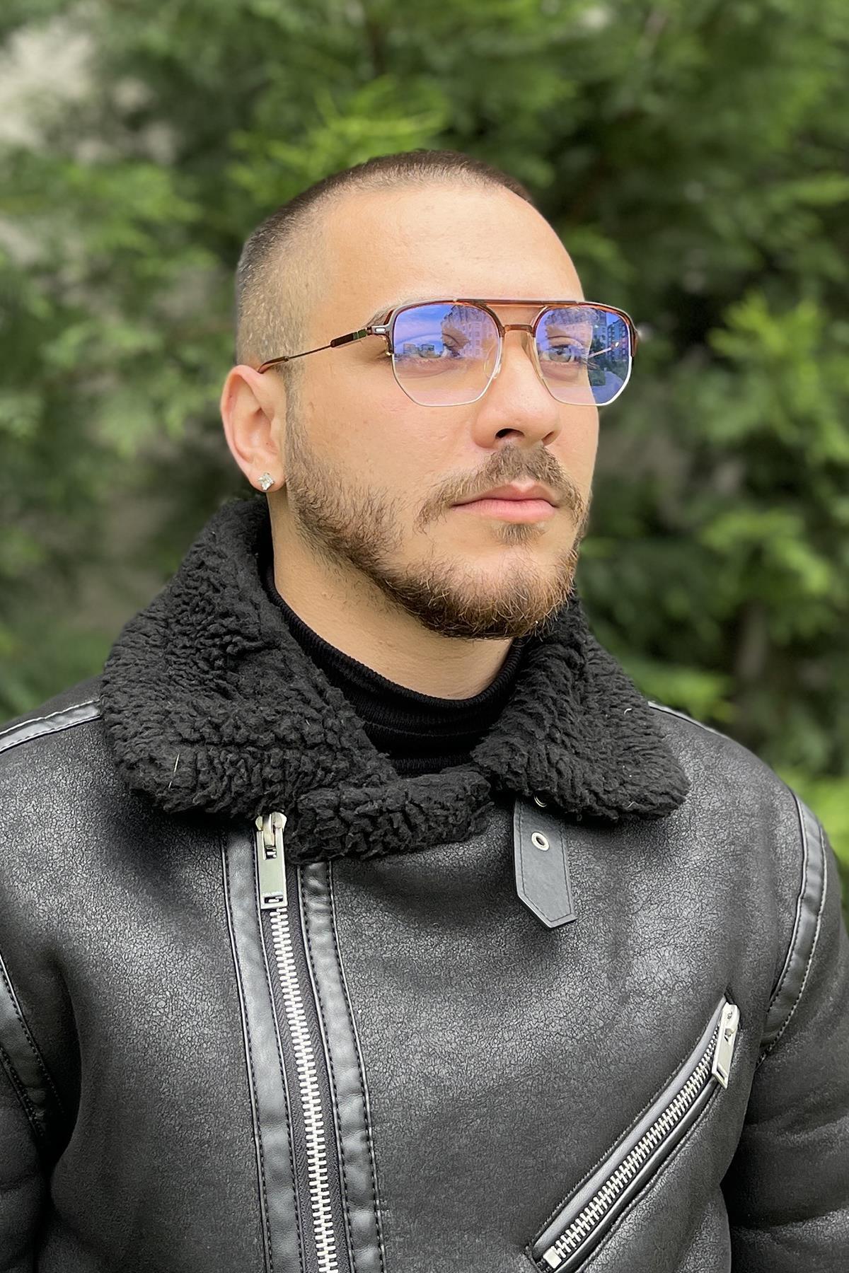 FRNCH Kahverengi Çerçeve Şeffaf Cam Dikdörtgen Erkek Güneş Gözlüğü FRG1028-128-K