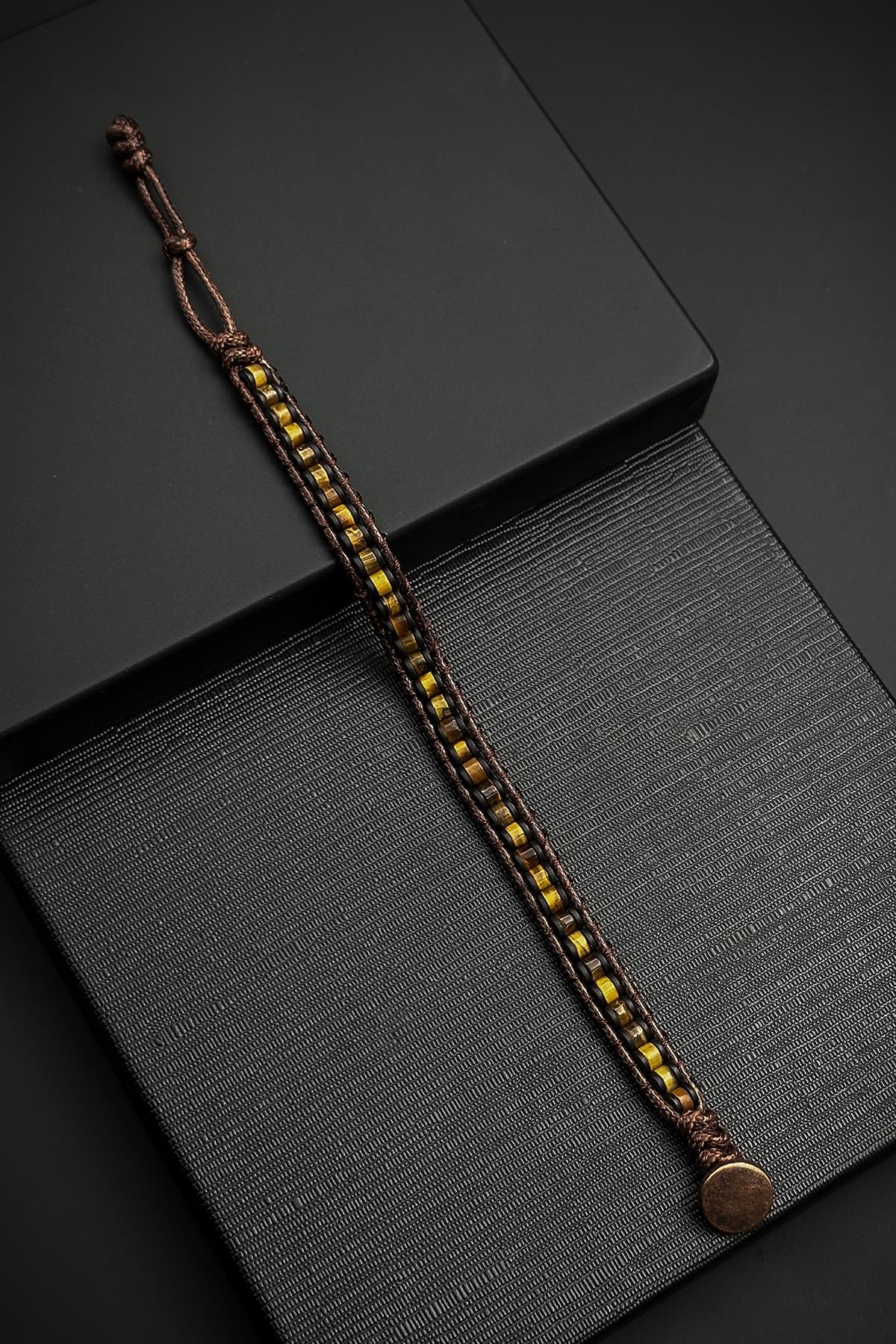 FRNCH Kaplan Gözü Doğal Taşlı Deri Detaylı Kahverengi Erkek Bileklik FRJ12449-3449-K