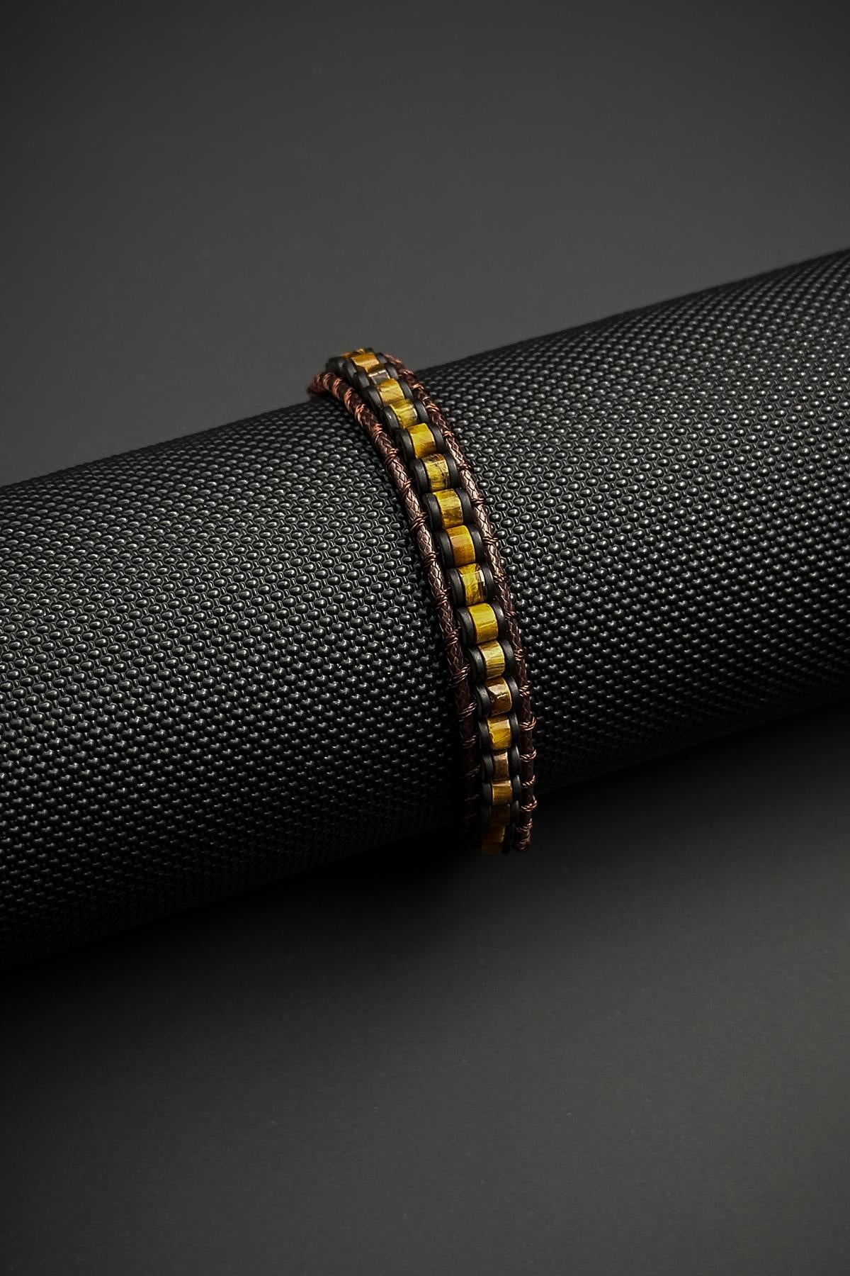 FRNCH Kaplan Gözü Doğal Taşlı Deri Detaylı Kahverengi Erkek Bileklik FRJ12449-3449-K