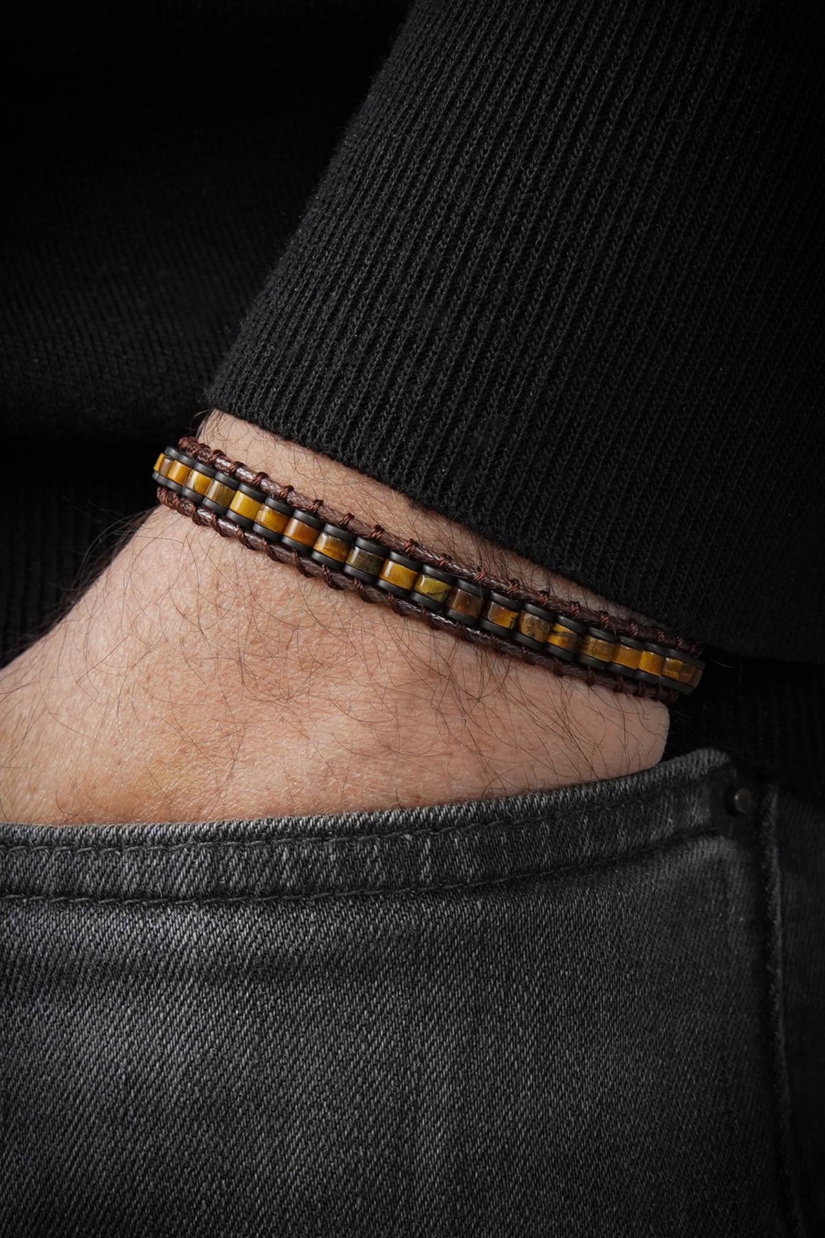 FRNCH Kaplan Gözü Doğal Taşlı Deri Detaylı Kahverengi Erkek Bileklik FRJ12449-3449-K