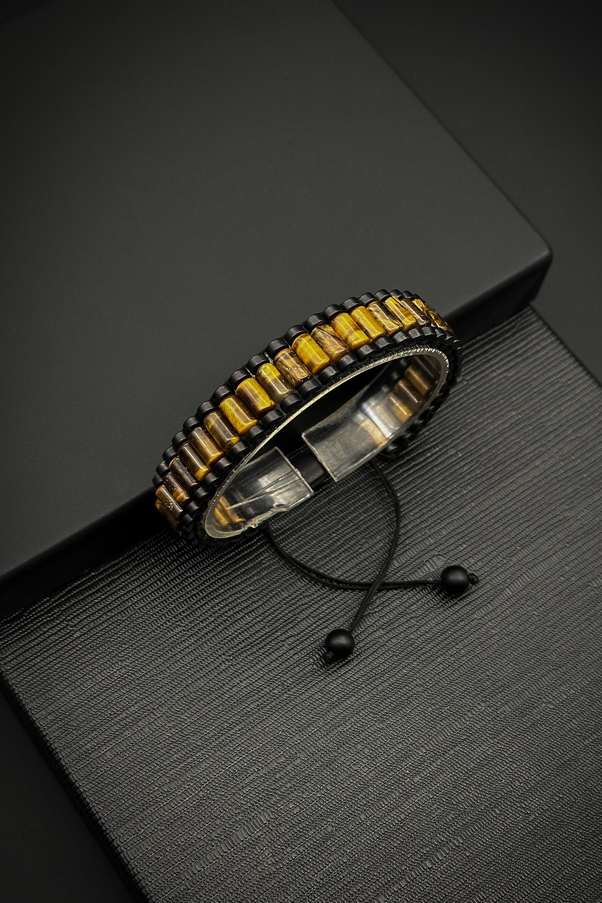 FRNCH Kaplan Gözü Doğal Taşlı Kahverengi Ayarlanabilir Makrome Erkek Bileklik FRJ12065-3065-K