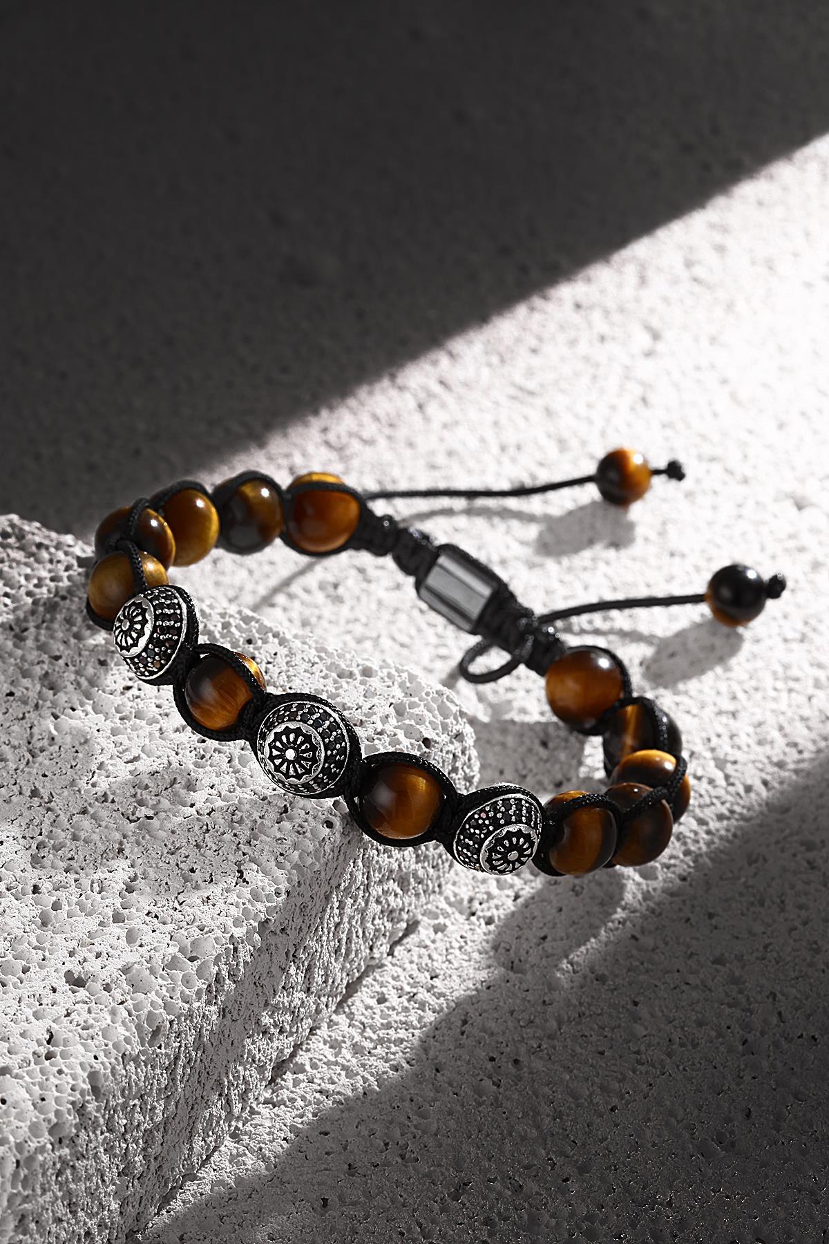 FRNCH Kaplan Gözü ve Zirkon Taşlı Ayarlanabilir Erkek Handmade Bileklik FRJ11210-1310-K