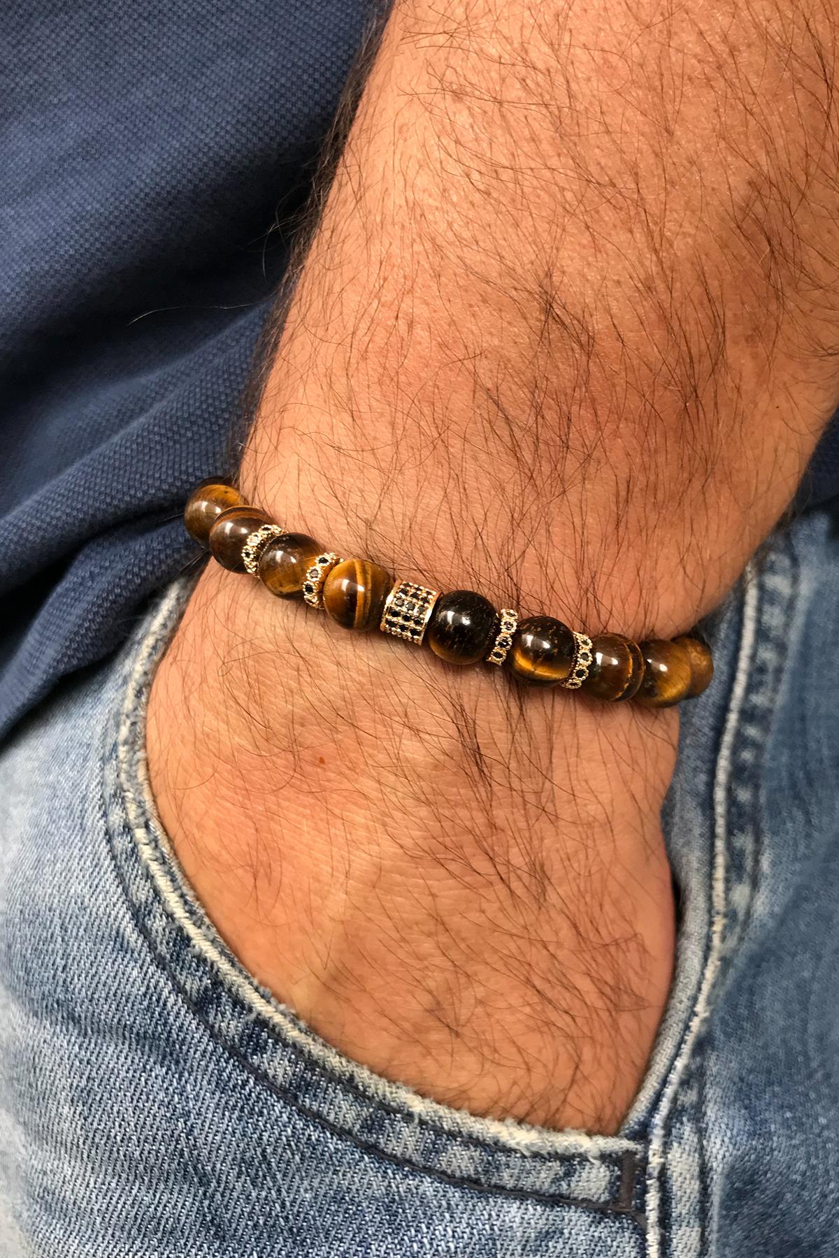 FRNCH Kaplangözü Taşlı Zirkon Taş Detaylı Ayarlanabilir Erkek Handmade Bileklik FRJ11242-1342-G