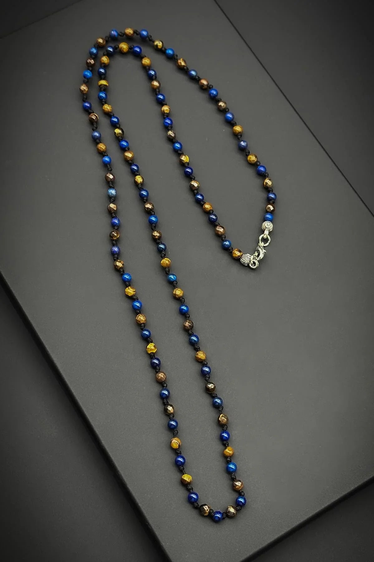 FRNCH Lapis Lazuli ve Kaplan Gözü Doğal Taşlı Lacivert Renkli Erkek Kolye FRJ30654-754-L2