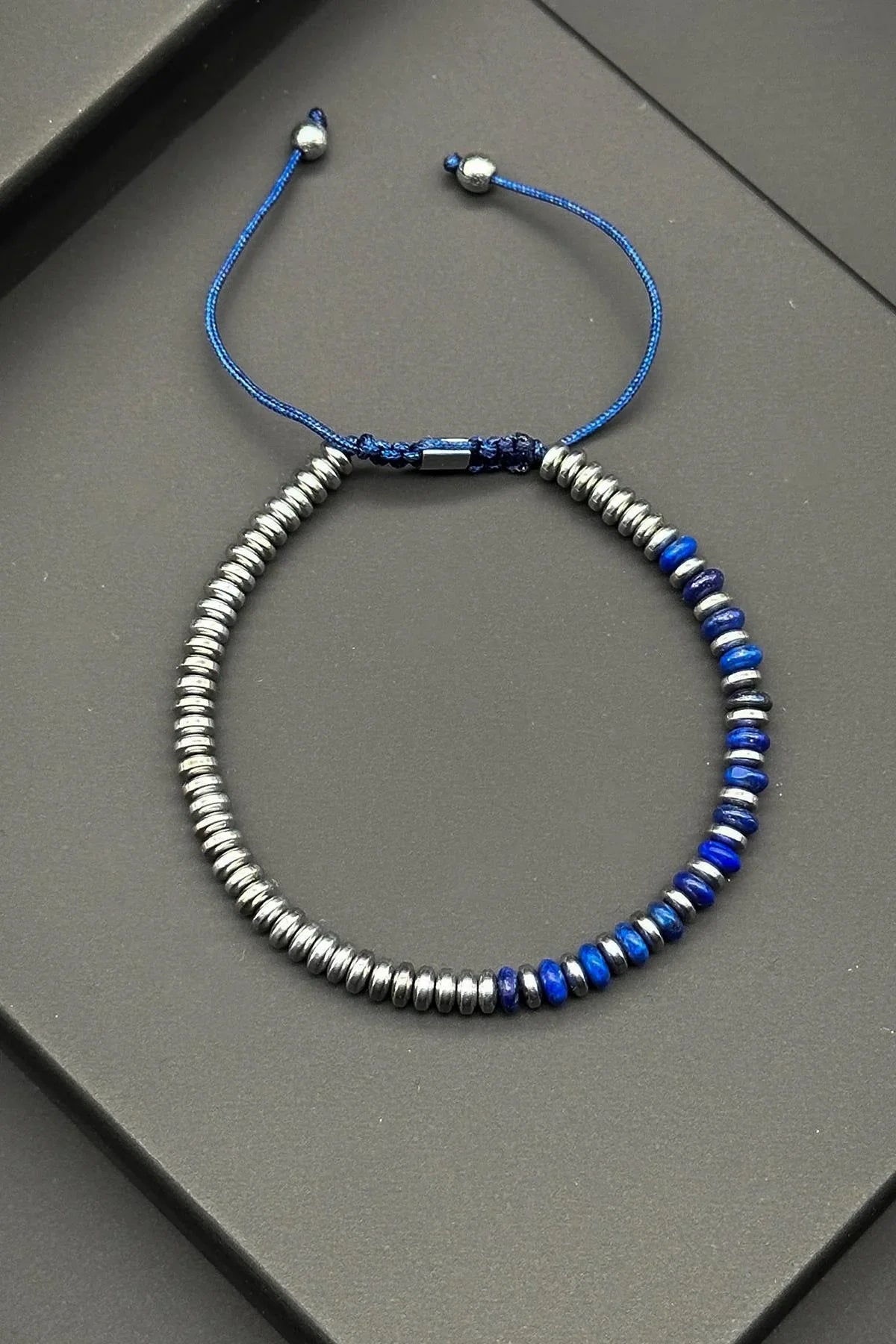 FRNCH Lapis ve Hematit Doğal Taşlı Lacivert Renkli Ayarlanabilir Erkek Bileklik FRJ11835-1935-L