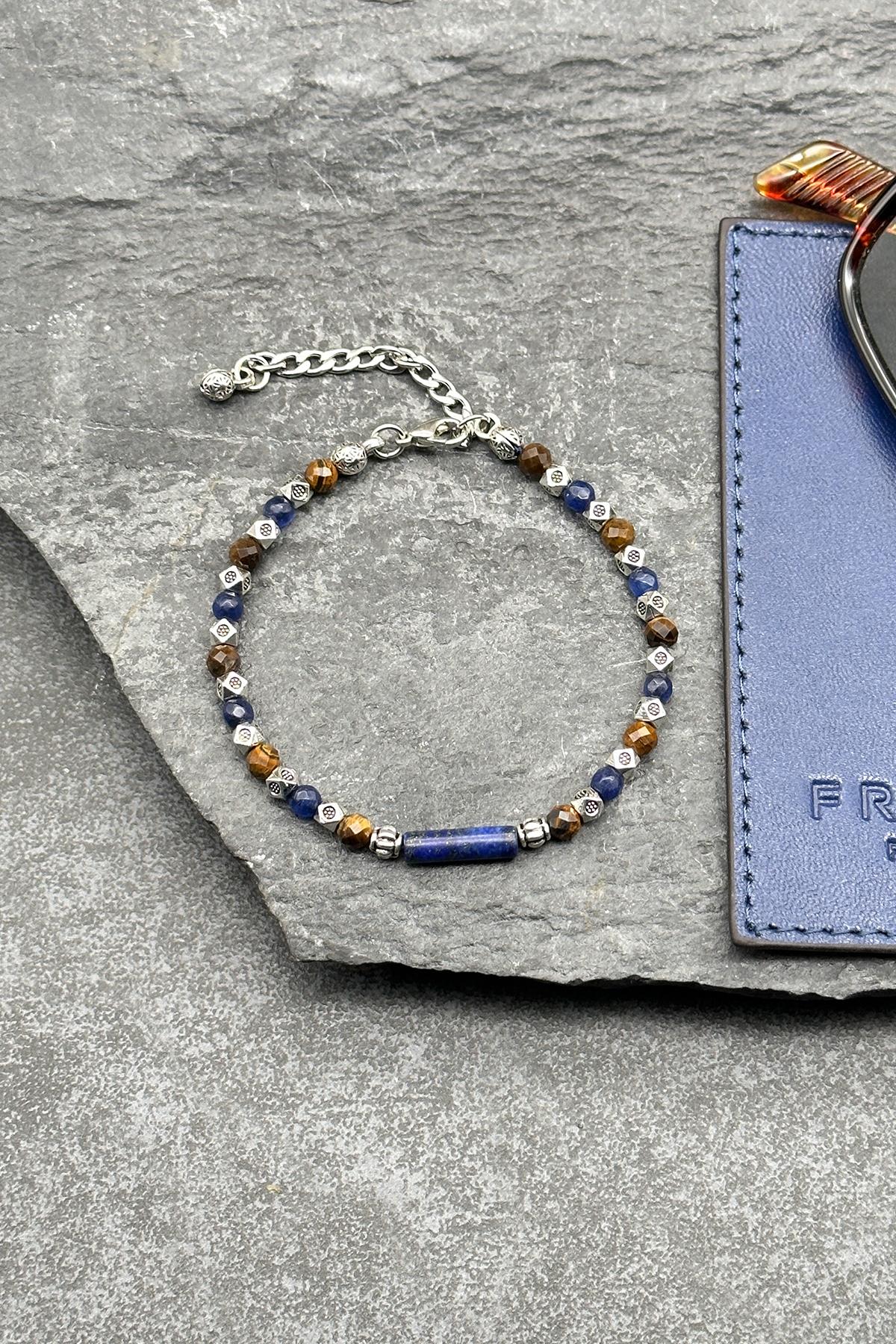 FRNCH Lapis ve Kaplan Gözü Doğal Taşlı Lacivert Renkli Erkek Bileklik FRJ11819-1919-LK