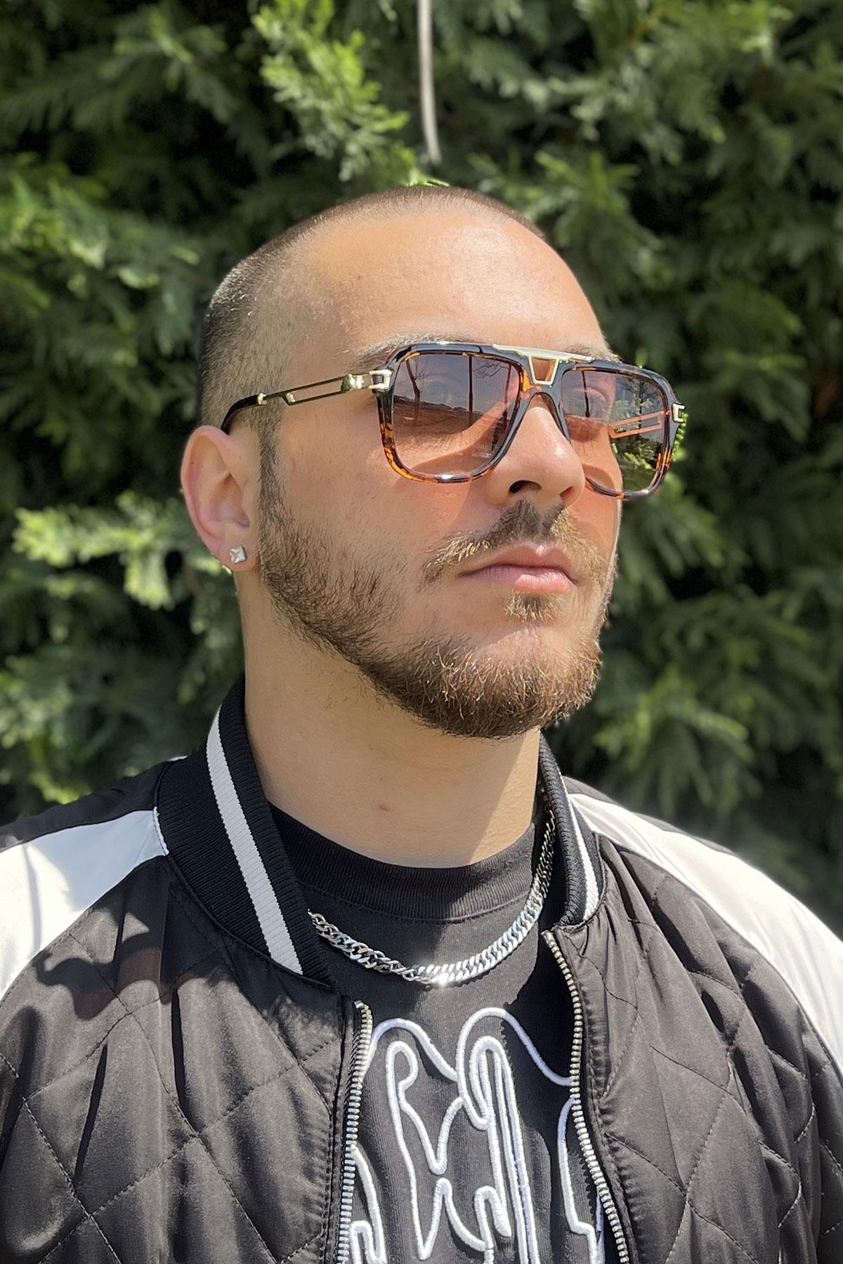 FRNCH Leopar Desen Çerçeve Turuncu Cam Dikdörtgen Erkek Güneş Gözlüğü FRG1027-127-KT