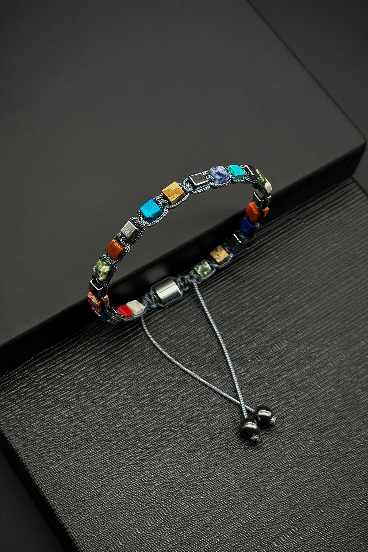 FRNCH Mix Doğal Taşlı Çok Renkli Ayarlanabilir Makrome Erkek Bileklik FRJ12166-3166-CK