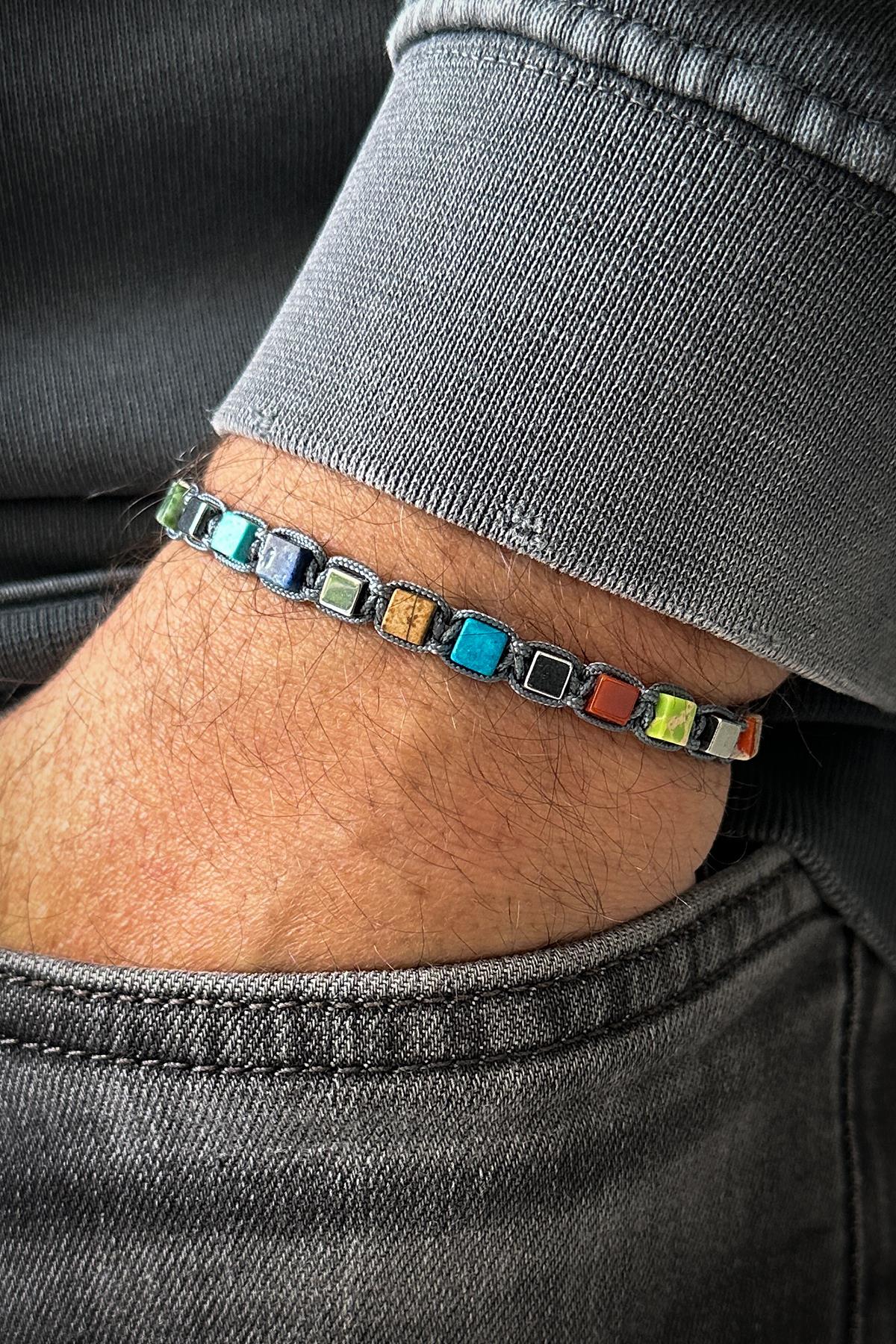 FRNCH Mix Doğal Taşlı Çok Renkli Ayarlanabilir Makrome Erkek Bileklik FRJ12166-3166-CK