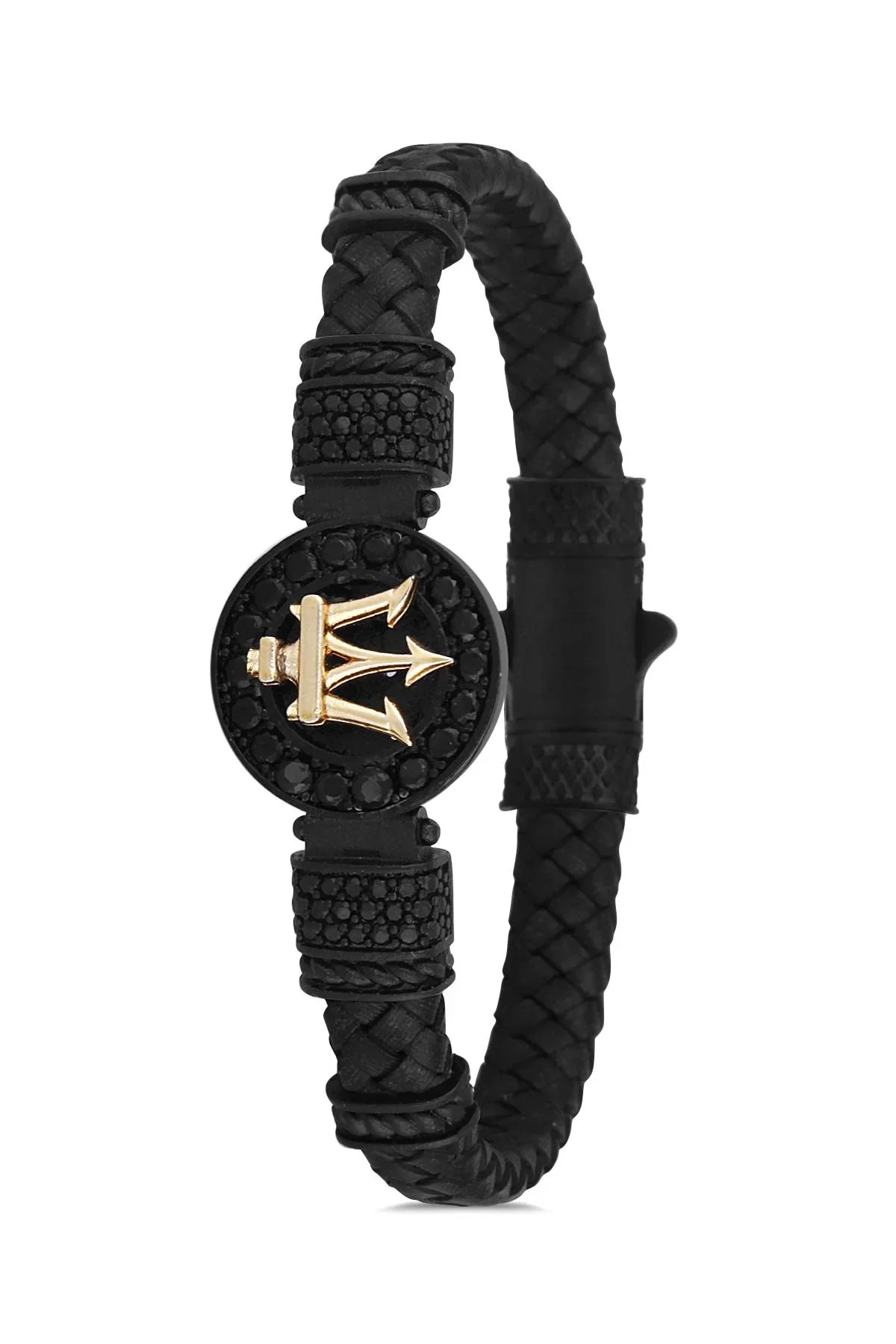 FRNCH Poseidon Figürlü Gerçek Deri Zirkon Taşlı Siyah-Gold Renk Erkek Bileklik FRJ11203-1303-B2G